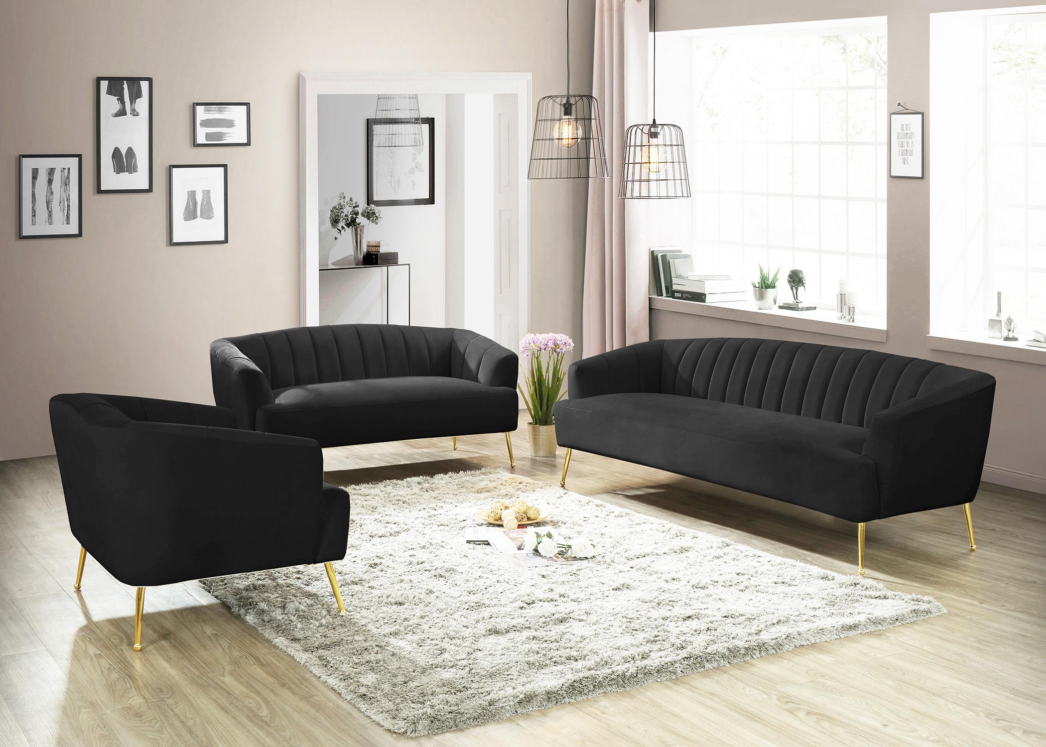 

    
Black Velvet Channel Tufted Sofa Set 3P TORI 657Black Meridian Contemporary
