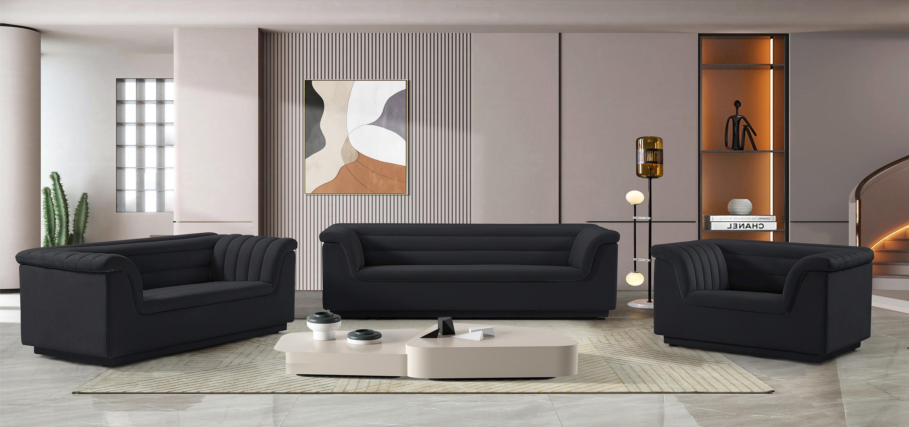 

    
Black Velvet Channel Tufted Sofa Set 3Pcs CASCADE 192Black-S Meridian Modern
