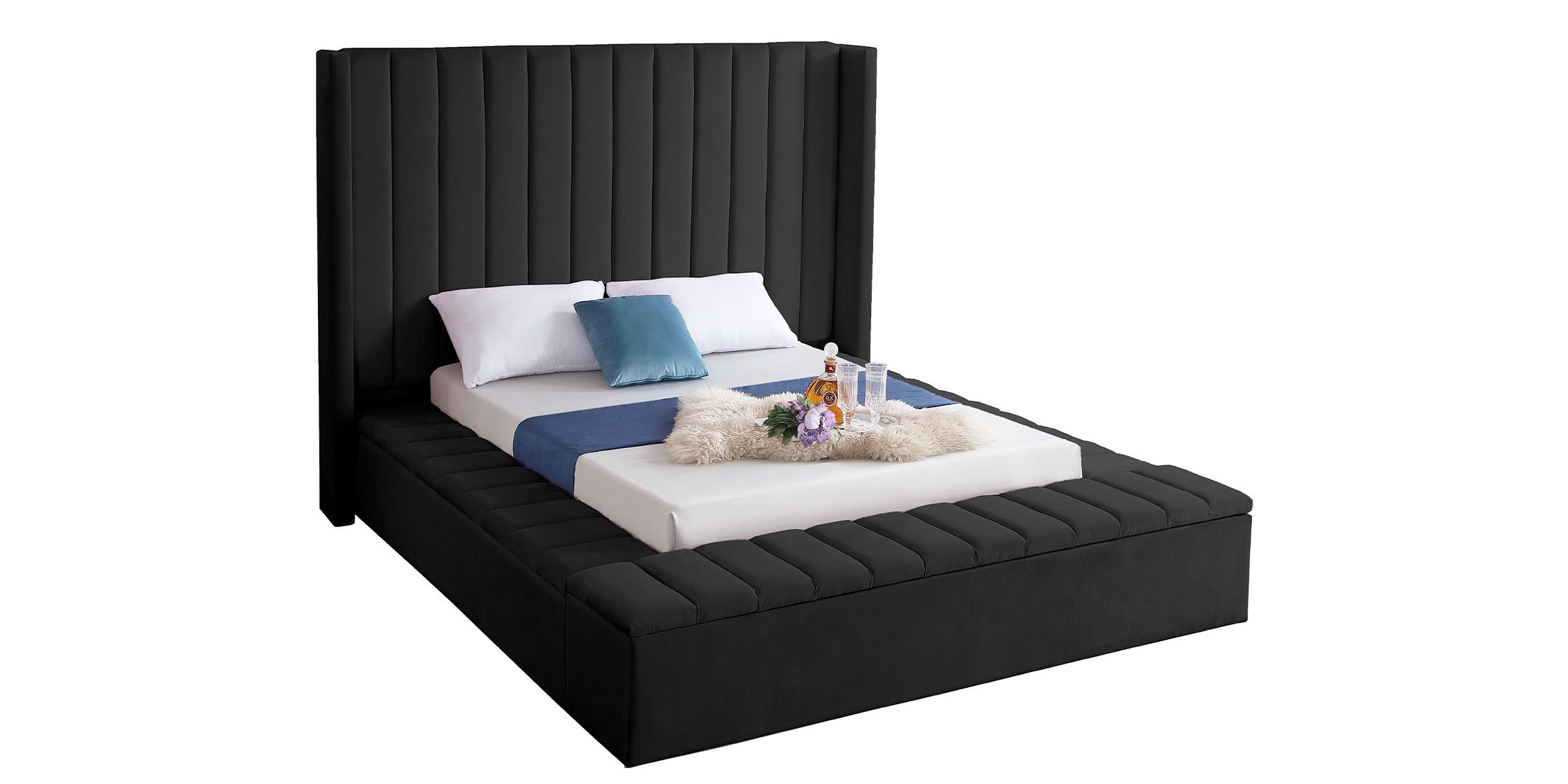 

    
Black Velvet Channel Tufted Storage King Bed KIKI Meridian Contemporary Modern
