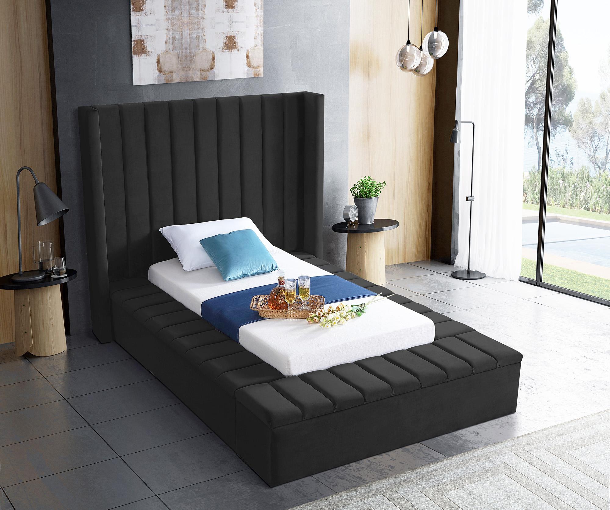 

    
Black Velvet Channel Tufted Storage Twin Bed KIKI Meridian Contemporary Modern

