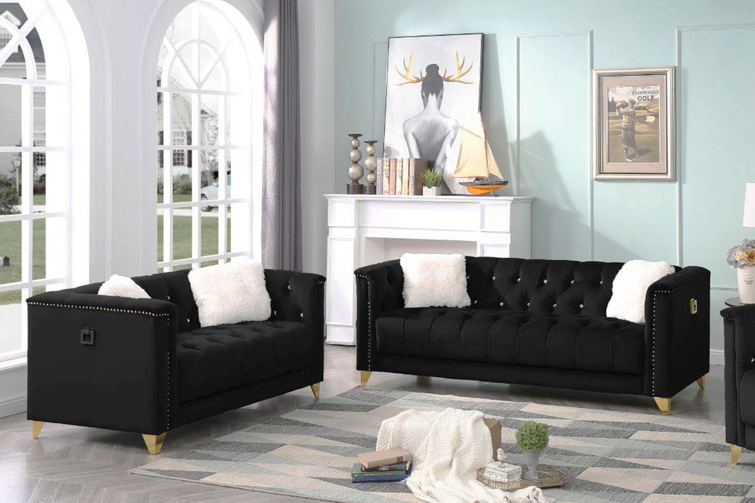 

    
Black Velvet Crystal Tufted Sofa Set 2Pc RUSSELL Galaxy Home Contemporary Modern
