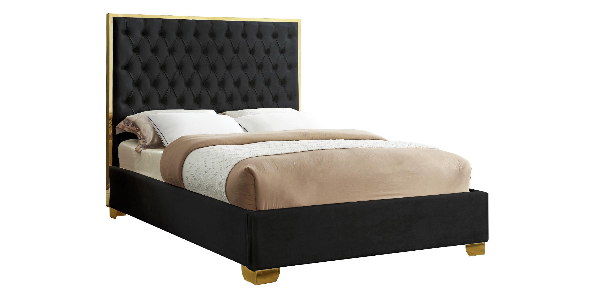 

    
Black Velvet & Gold Trim Deep Tufting King Bed LANA Meridian Contemporary Modern
