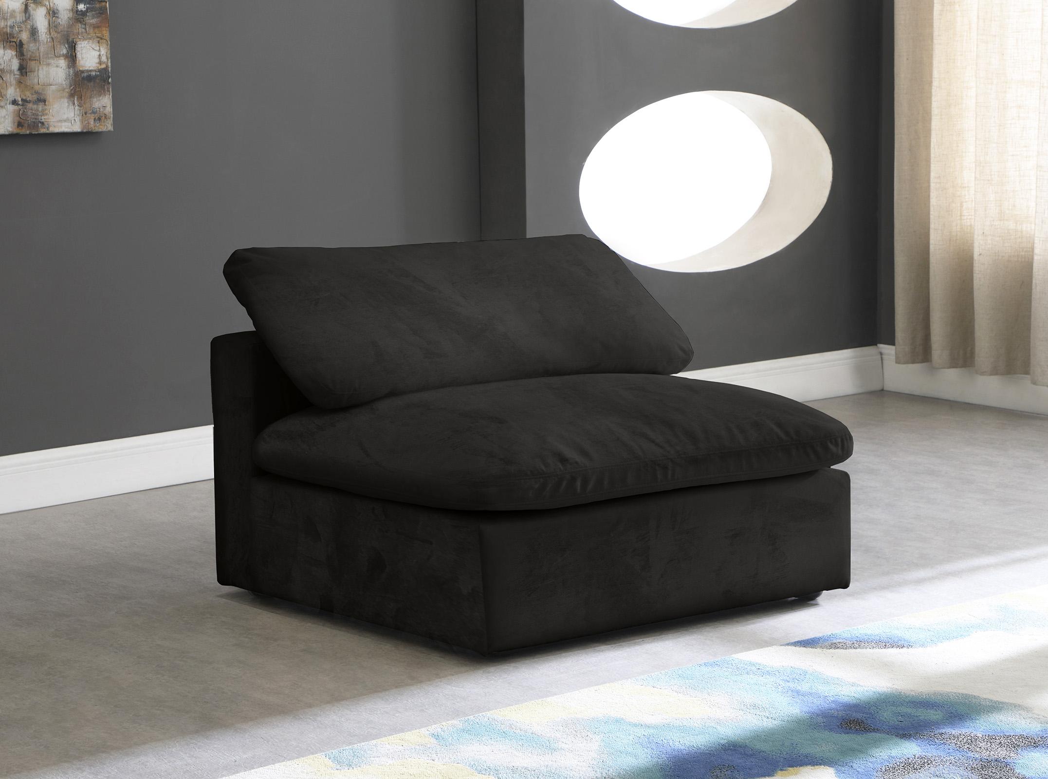 

    
Cozy Black Velvet Modular Fiber Filled Comfort Overstuffed Armless Chair Meridian
