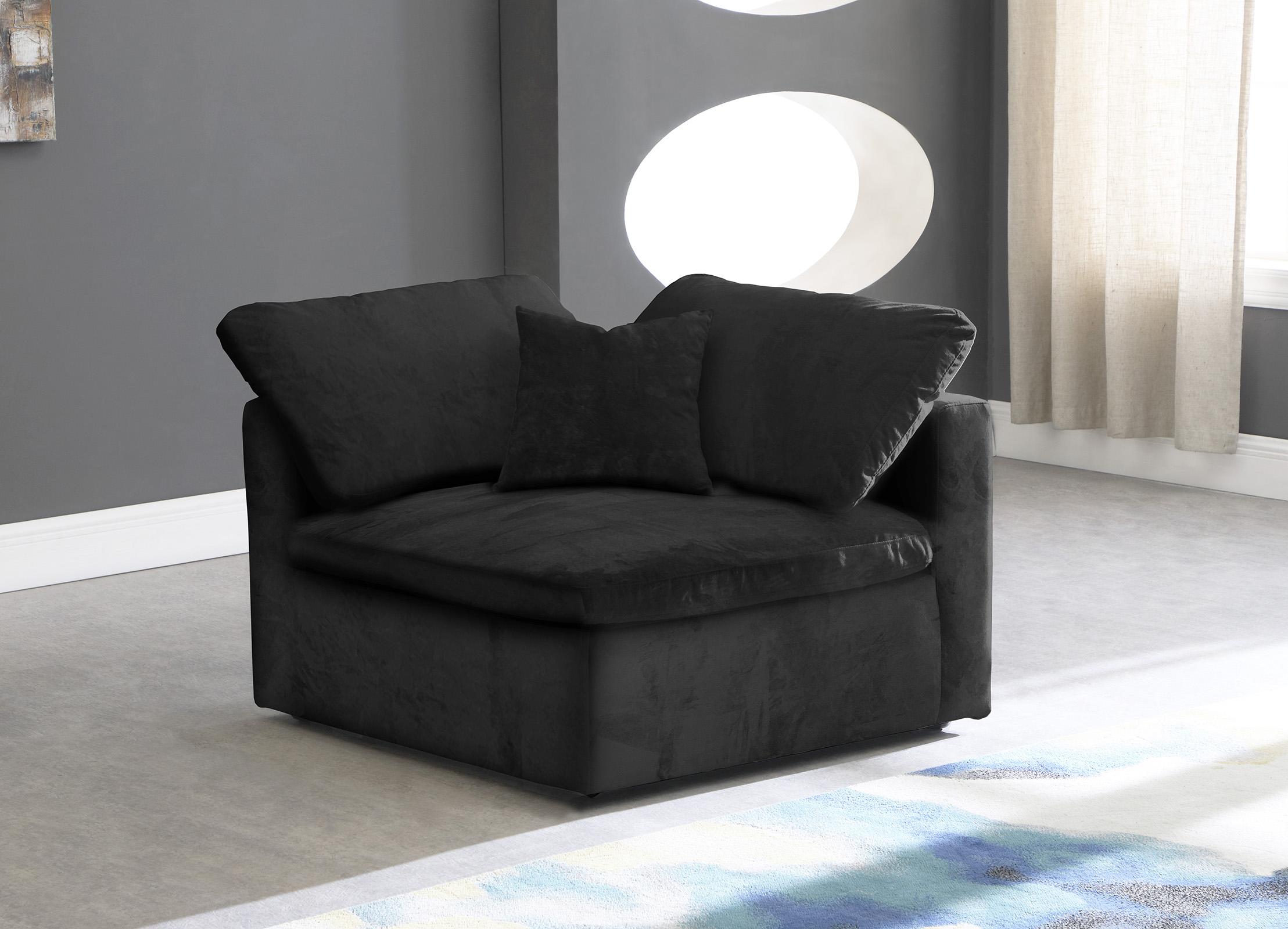 

    
Cozy Black Velvet Modular Fiber Filled Comfort Overstuffed Corner Chair Meridian
