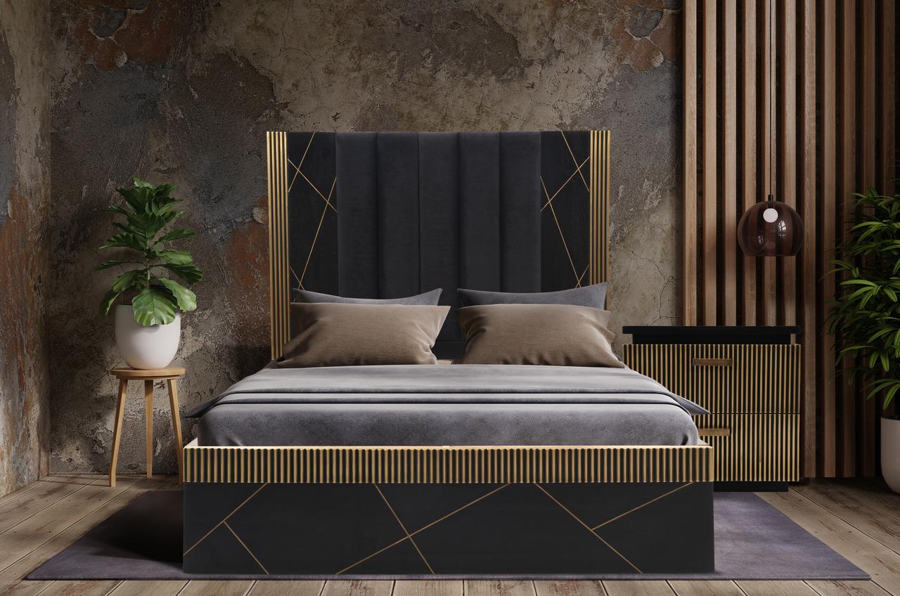 

    
Black Velvet & Gold Artisanal Metal King Bed Set 4Pcs Allure Galaxy Home Modern
