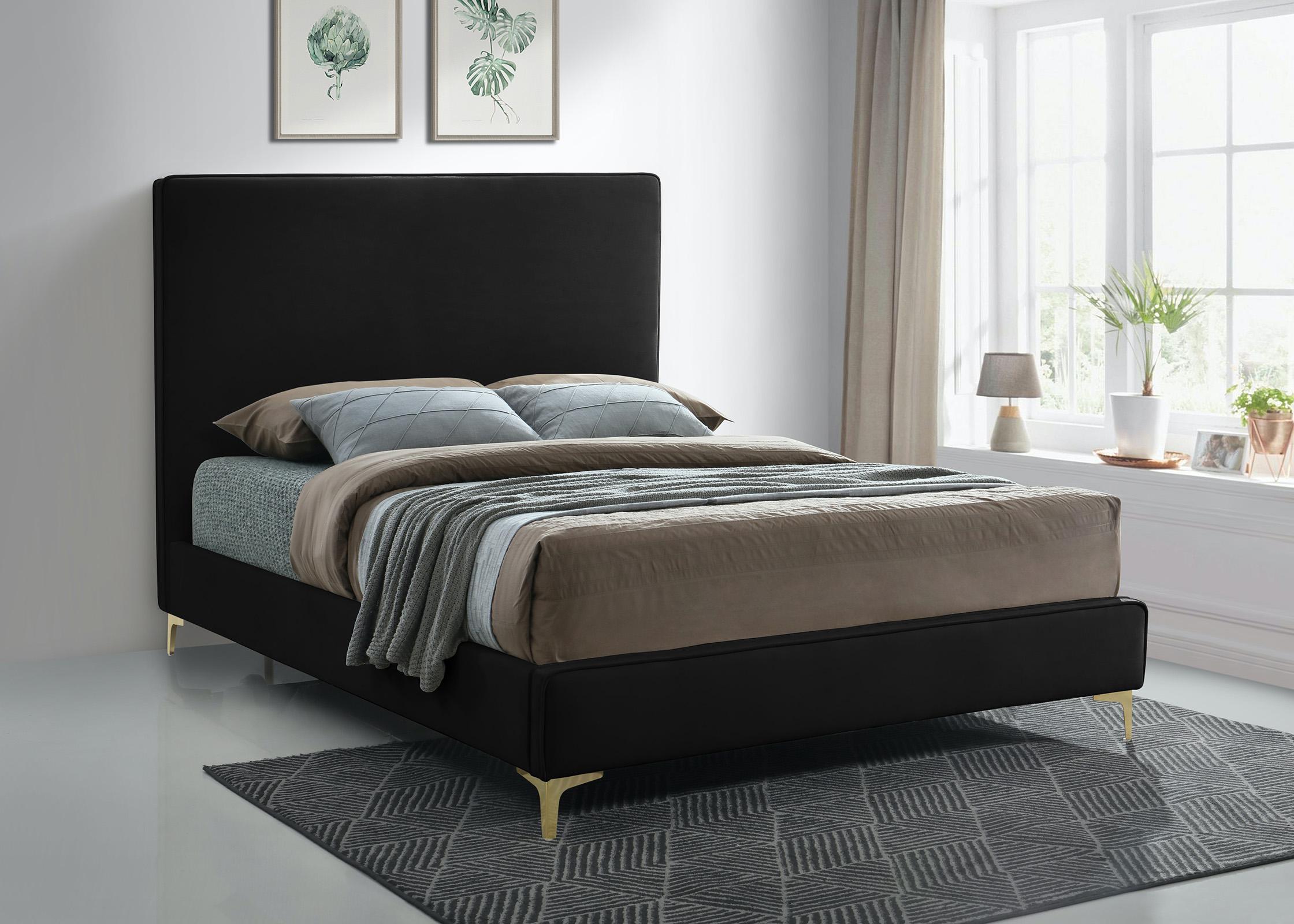 

    
Black Velvet Gold & Chrome Legs Platform Queen Bed GeriBlack-Q Meridian Modern
