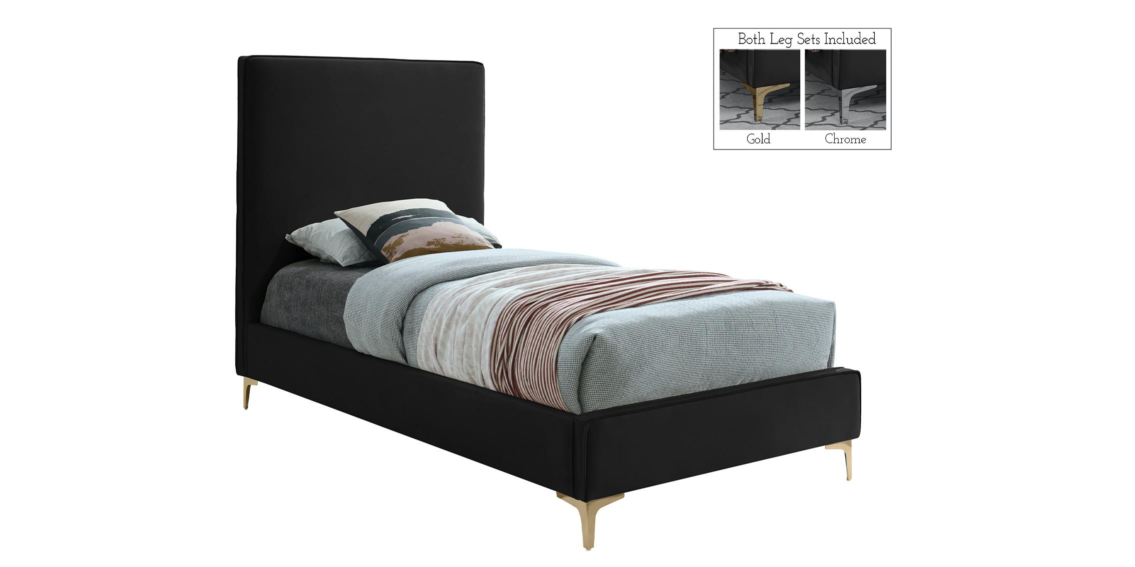 

    
Black Velvet Gold & Chrome Legs Platform Twin Bed GeriBlack-T Meridian Modern

