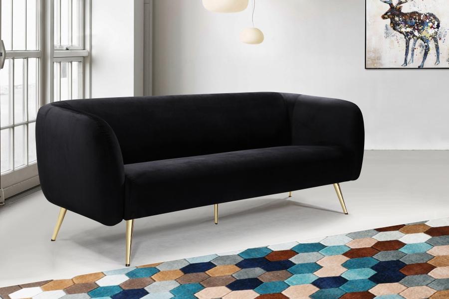 

    
Black Velvet Gold Metal Legs Sofa Classic Meridian Furniture Harlow
