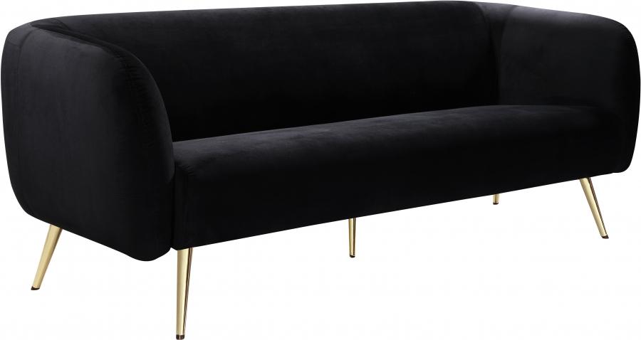 

    
Black Velvet Gold Metal Legs Sofa Loveseat & Chair Meridian Furniture Harlow
