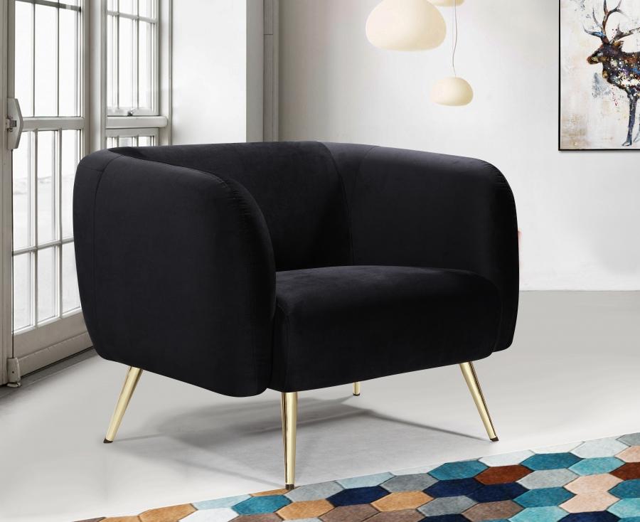 

    
 Shop  Black Velvet Gold Metal Legs Sofa Loveseat & Chair Meridian Furniture Harlow
