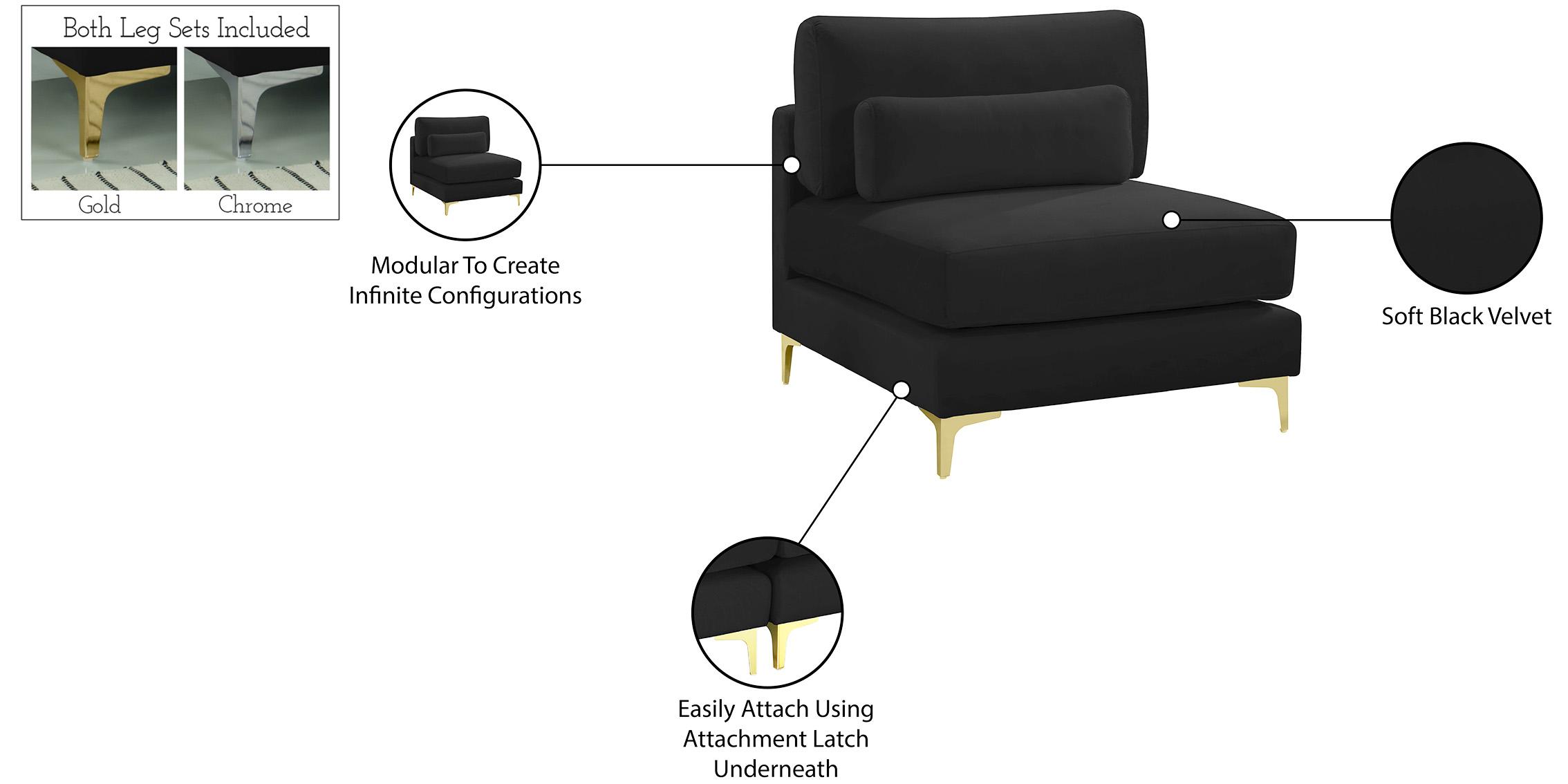 

        
Meridian Furniture JULIA 605Black-Armless Armless Chair Black Velvet 753359799933
