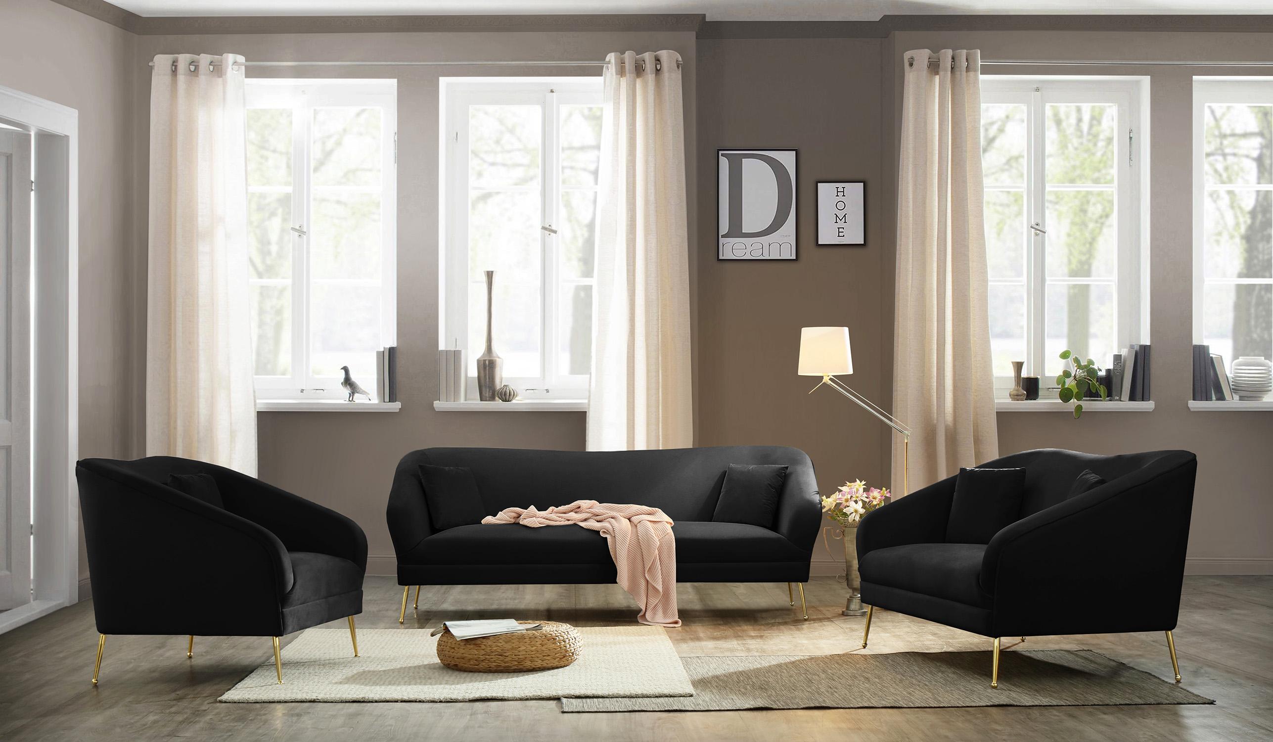 

    
Black Velvet Curved Sofa Set 3Pcs HERMOSA 658Black Meridian Mid-Century Modern
