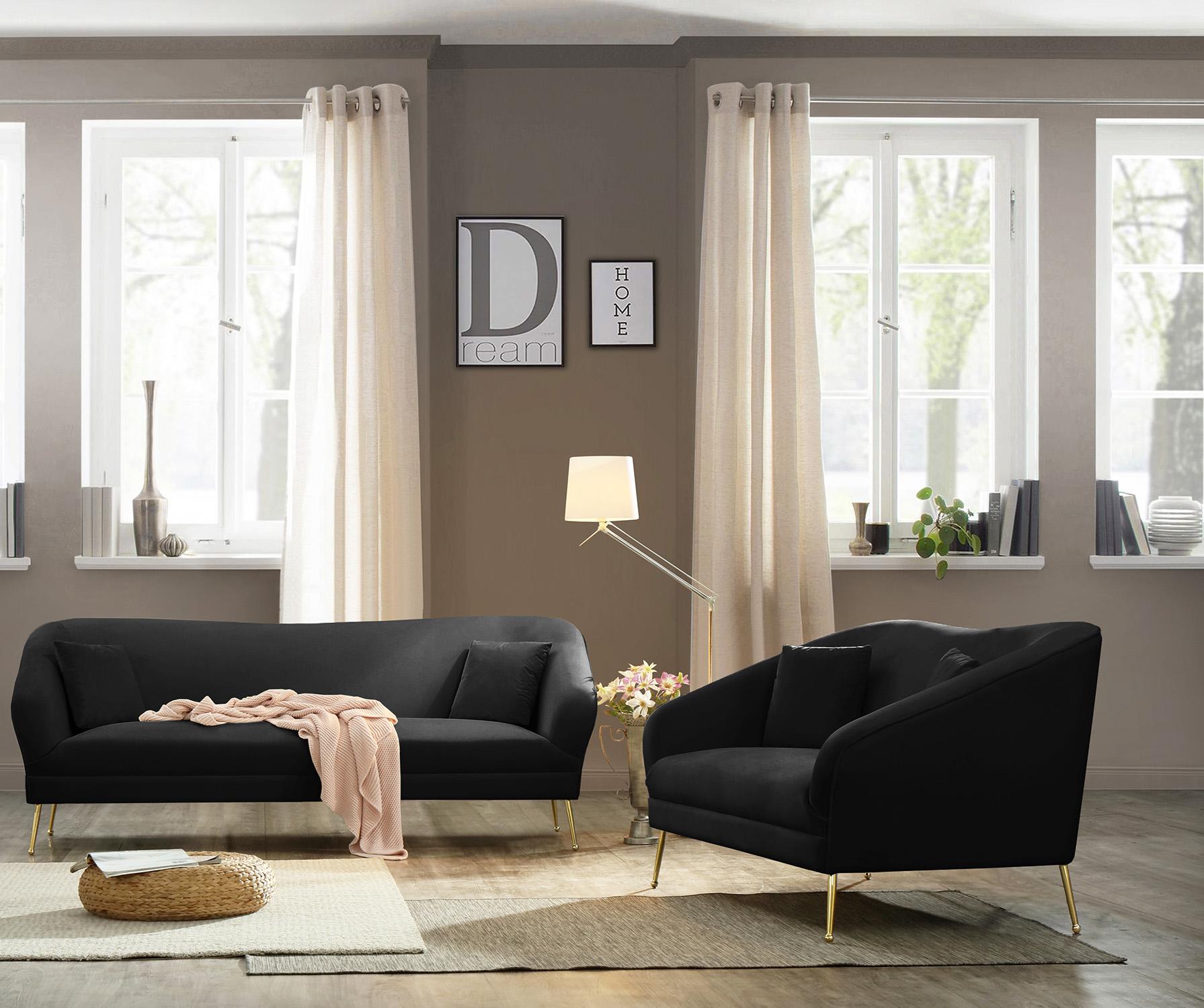 

    
Black Velvet Curved Sofa Set 2Pcs HERMOSA 658Black Meridian Mid-Century Modern
