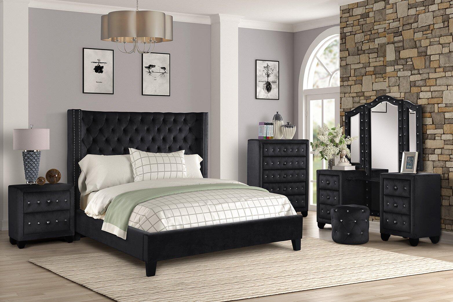 

    
Black Velvet Tufted King Bed Set 4 w/VANITY ALLEN Galaxy Home Contemporary
