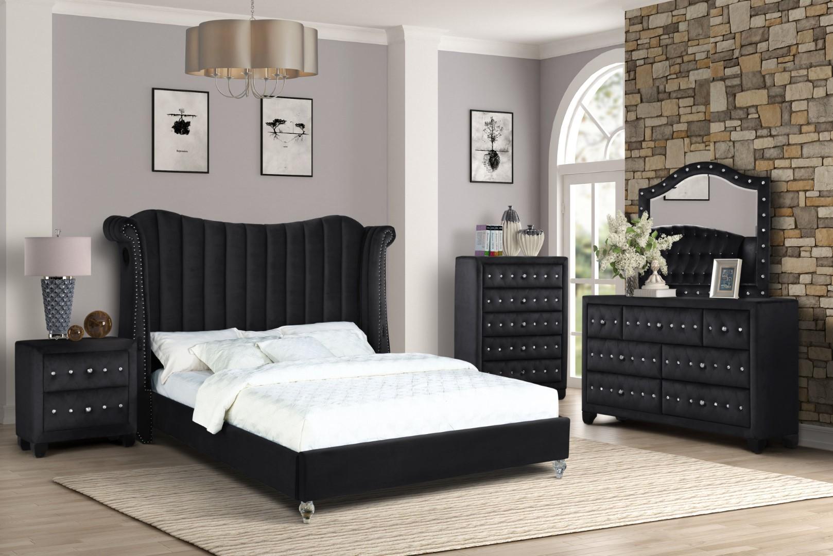 

    
Black Velvet Tufted King Bed Set 4Pcs w/Vanity TULIP Galaxy Home Contemporary
