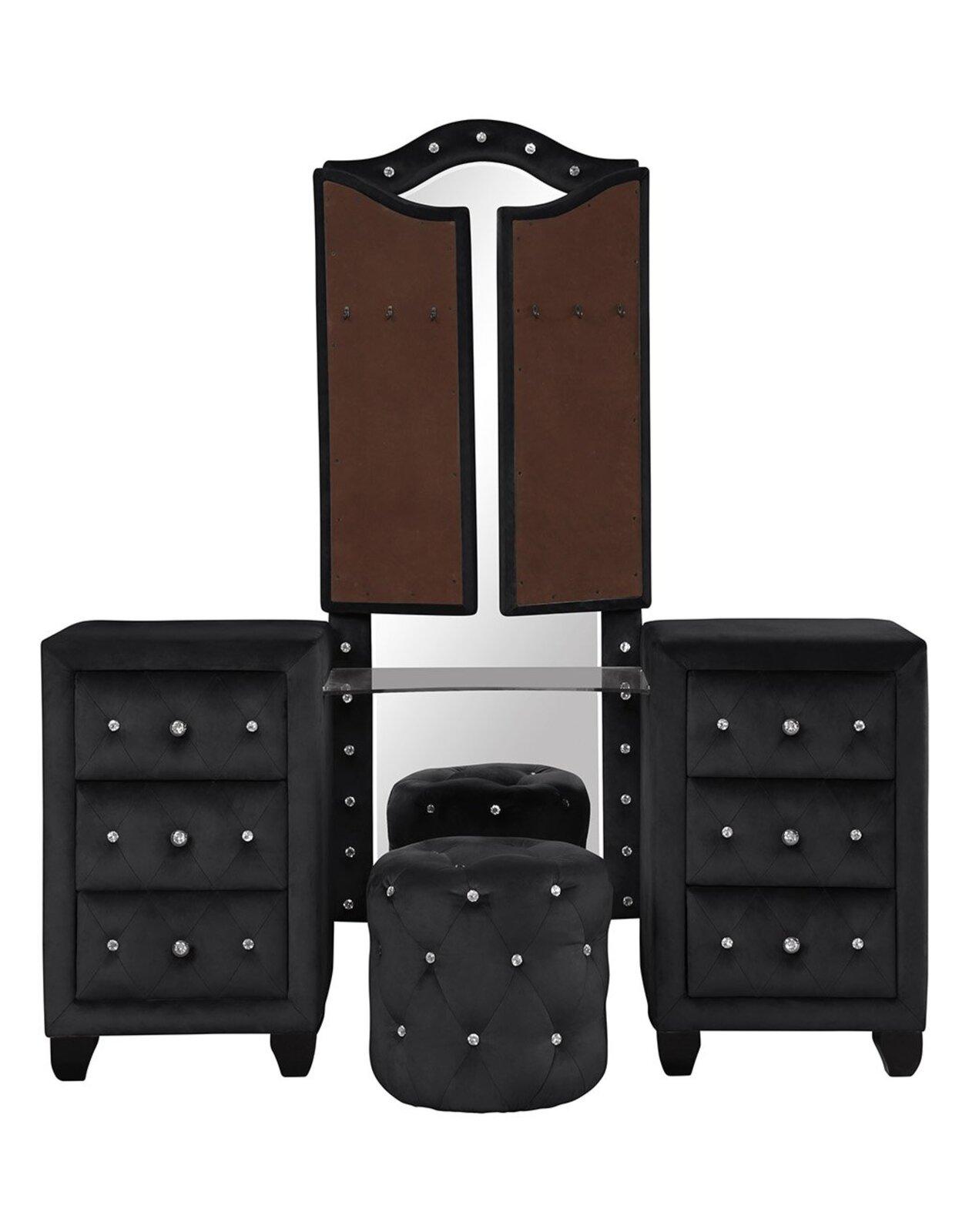 

    
 Order  Black Velvet Tufted King Storage Bed Set 4P w/Vanity NORA Galaxy Home Modern
