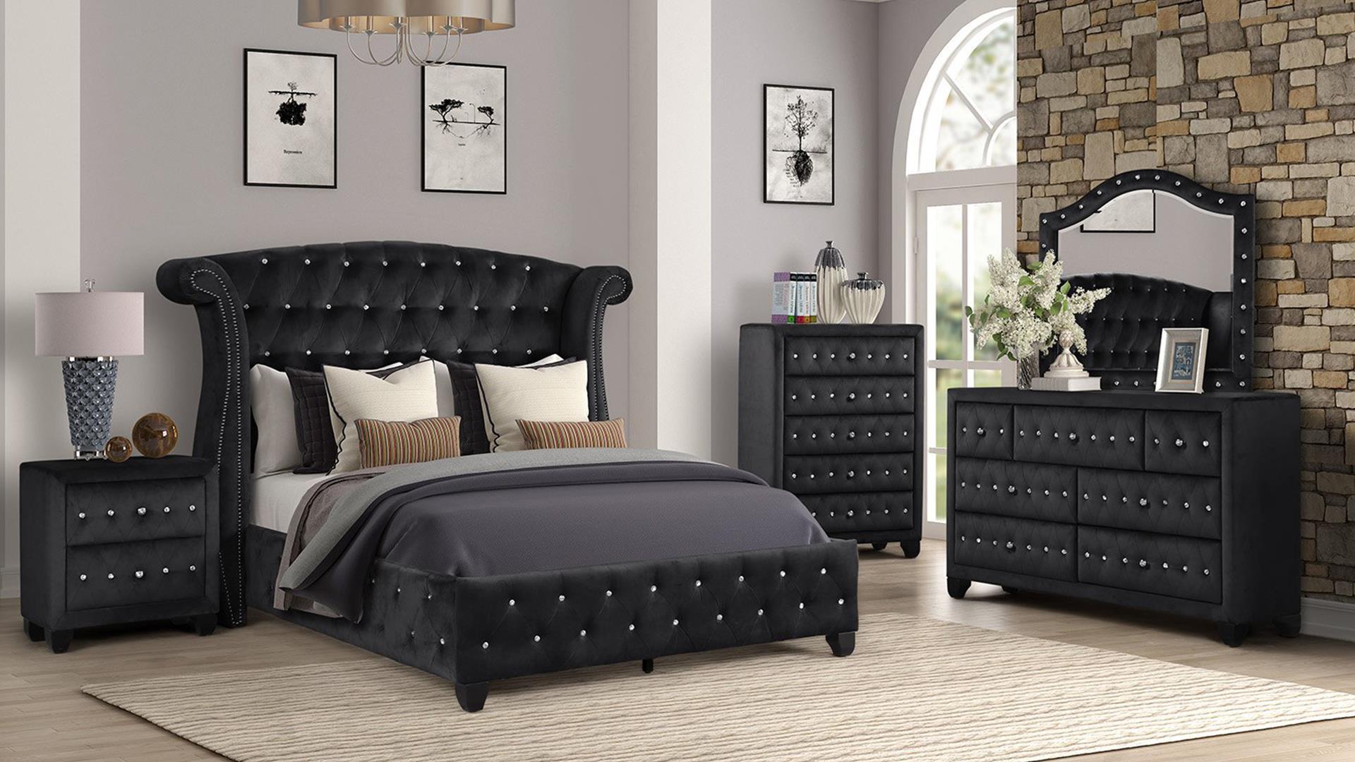 

    
Black Velvet Tufted Queen Bedroom Set 4P SOPHIA Galaxy Home Modern Contemporary
