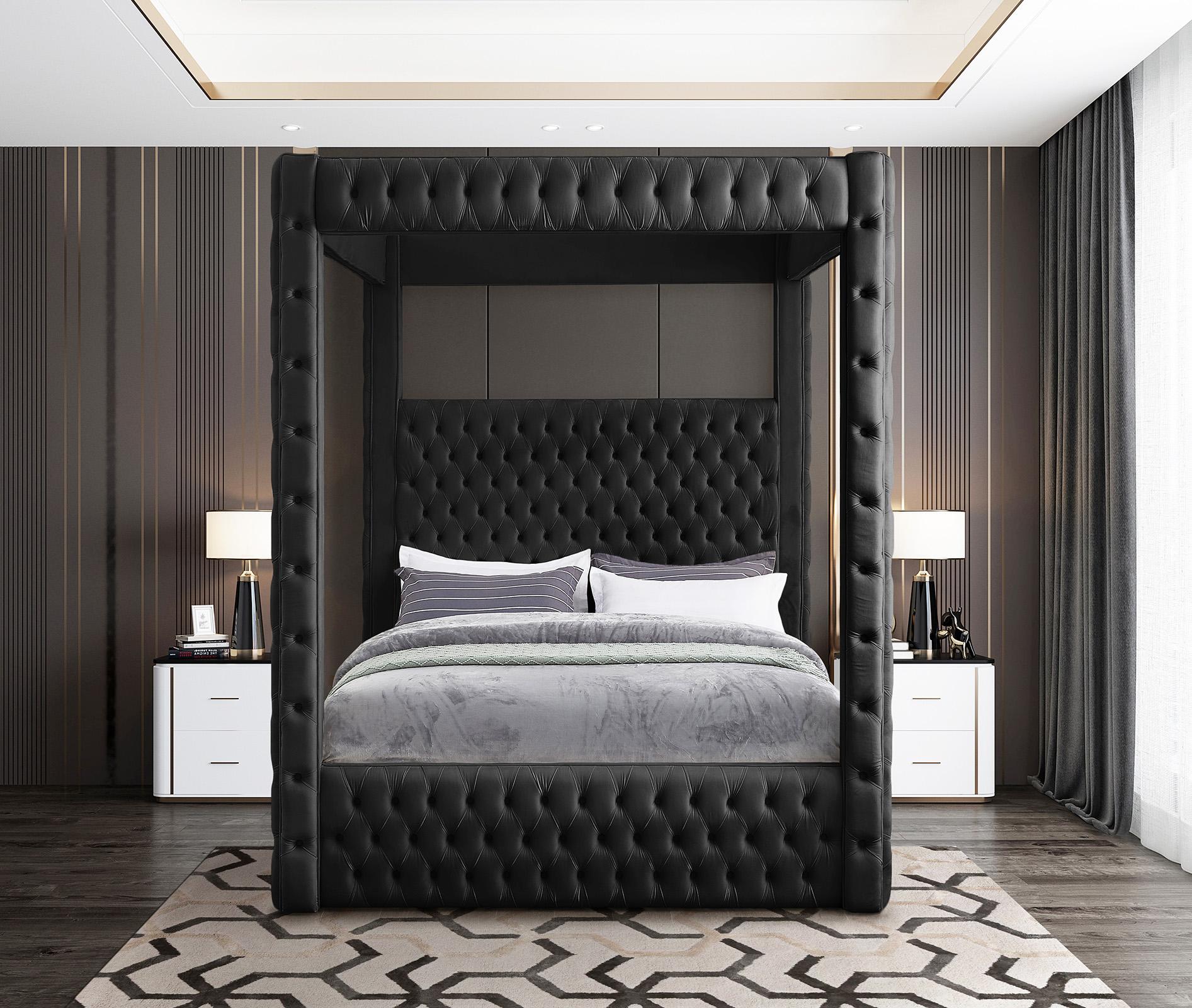 

    
Black Velvet Tufted Queen Canopy Bed ROYAL RoyalBlack-Q Meridian Contemporary
