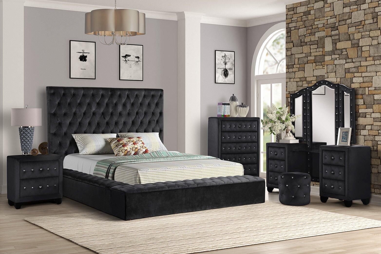 

    
Black Velvet Tufted Queen Storage Bed Set 4P w/Vanity NORA Galaxy Home Modern
