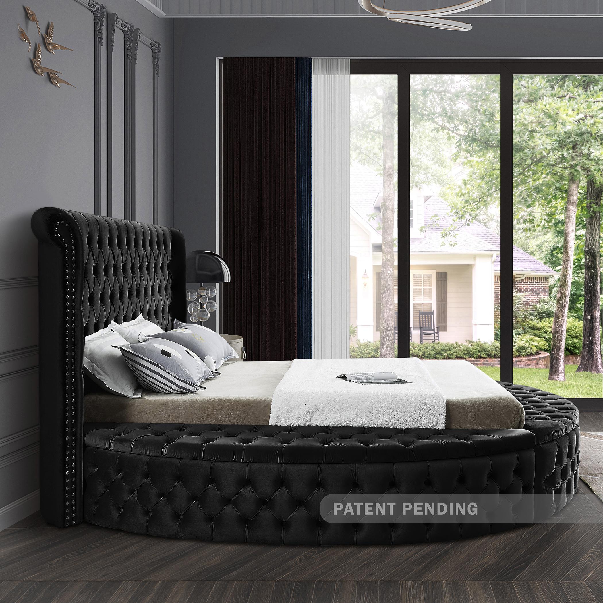 

    
LuxusBlack-K Black Velvet Tufted Round Storage King Bed LUXUS Meridian Contemporary Modern
