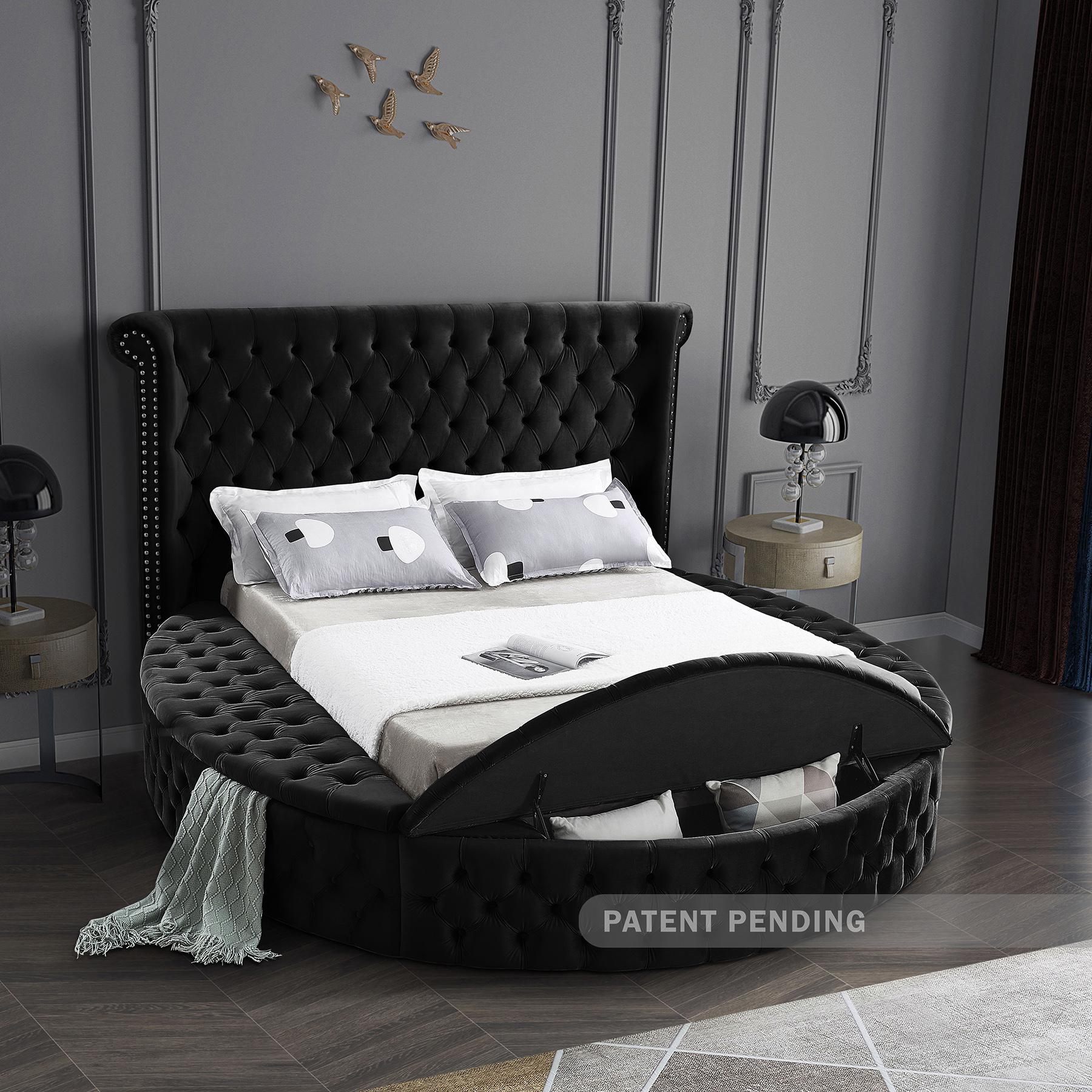 

    
 Order  Black Velvet Tufted Round Storage Queen Bed LUXUS Meridian Contemporary Modern

