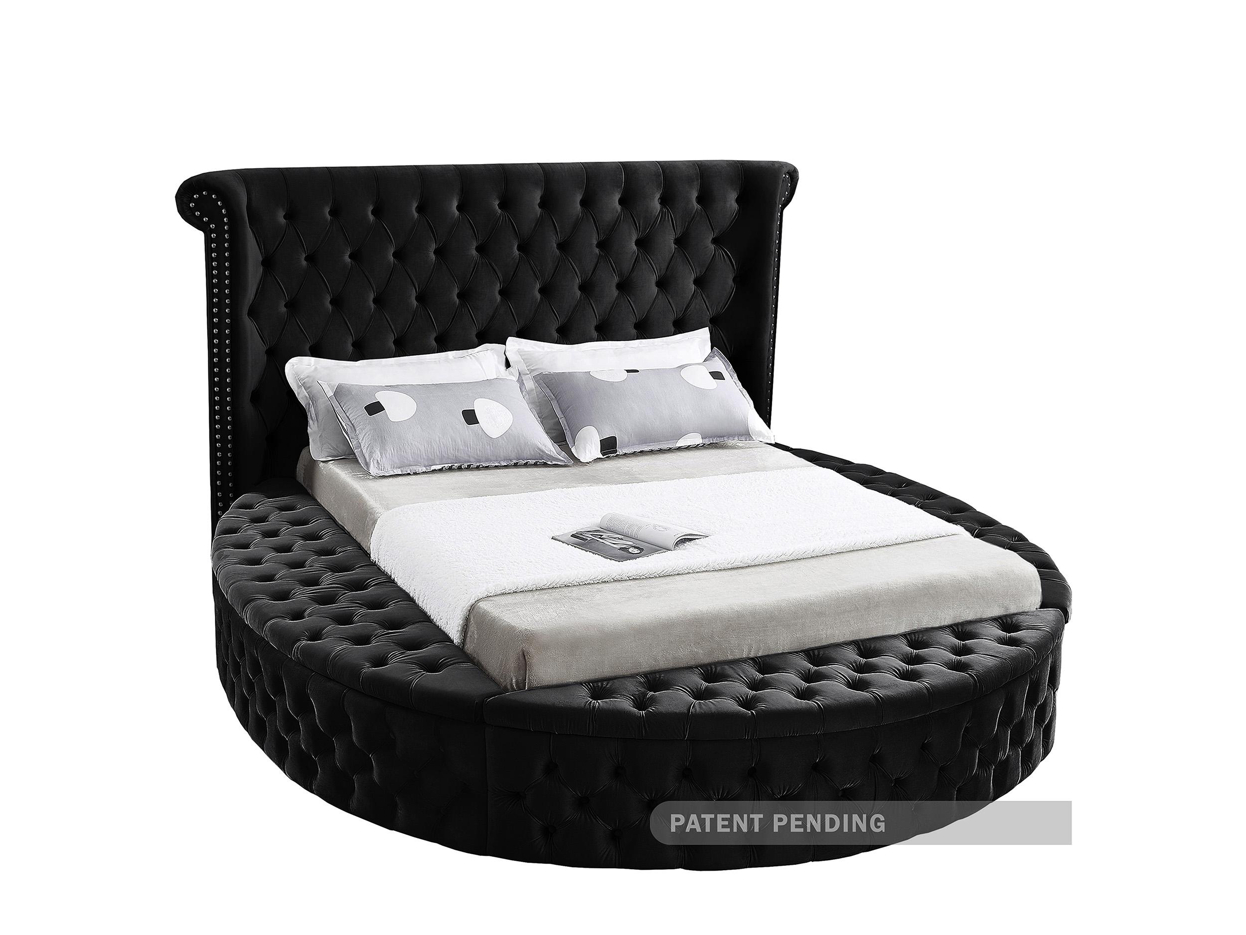 

    
Black Velvet Tufted Round Storage Queen Bed LUXUS Meridian Contemporary Modern
