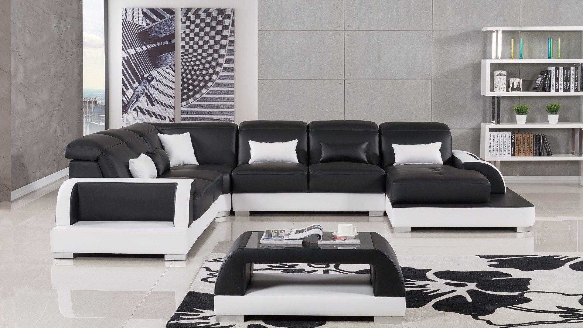 Contemporary, Modern Sectional Sofa Set AE-LD811-BK.W AE-LD811R-BK.W in White, Black Bonded Leather