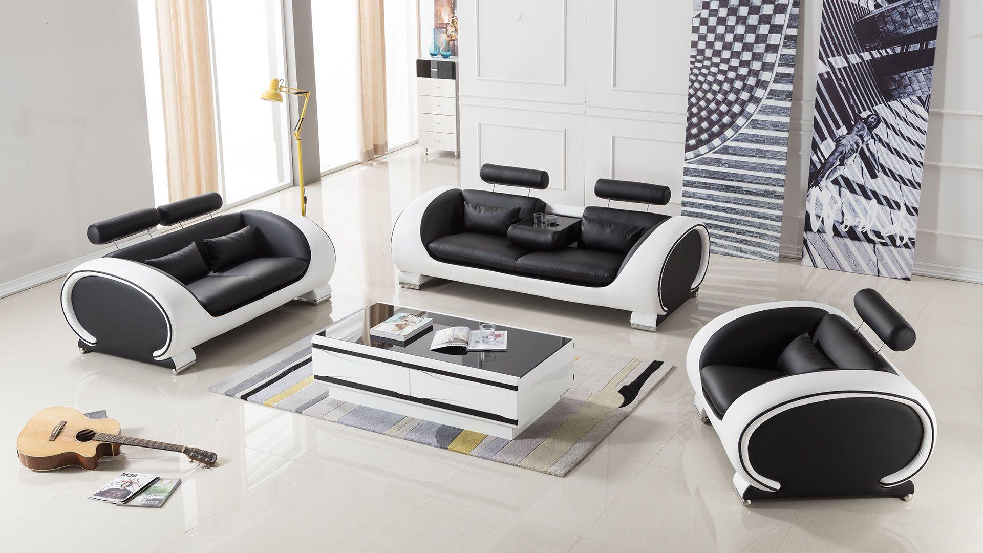 Contemporary, Modern Sofa Set AE-D802-BK-W AE-D802-BK-W-3PC in White, Black Bonded Leather