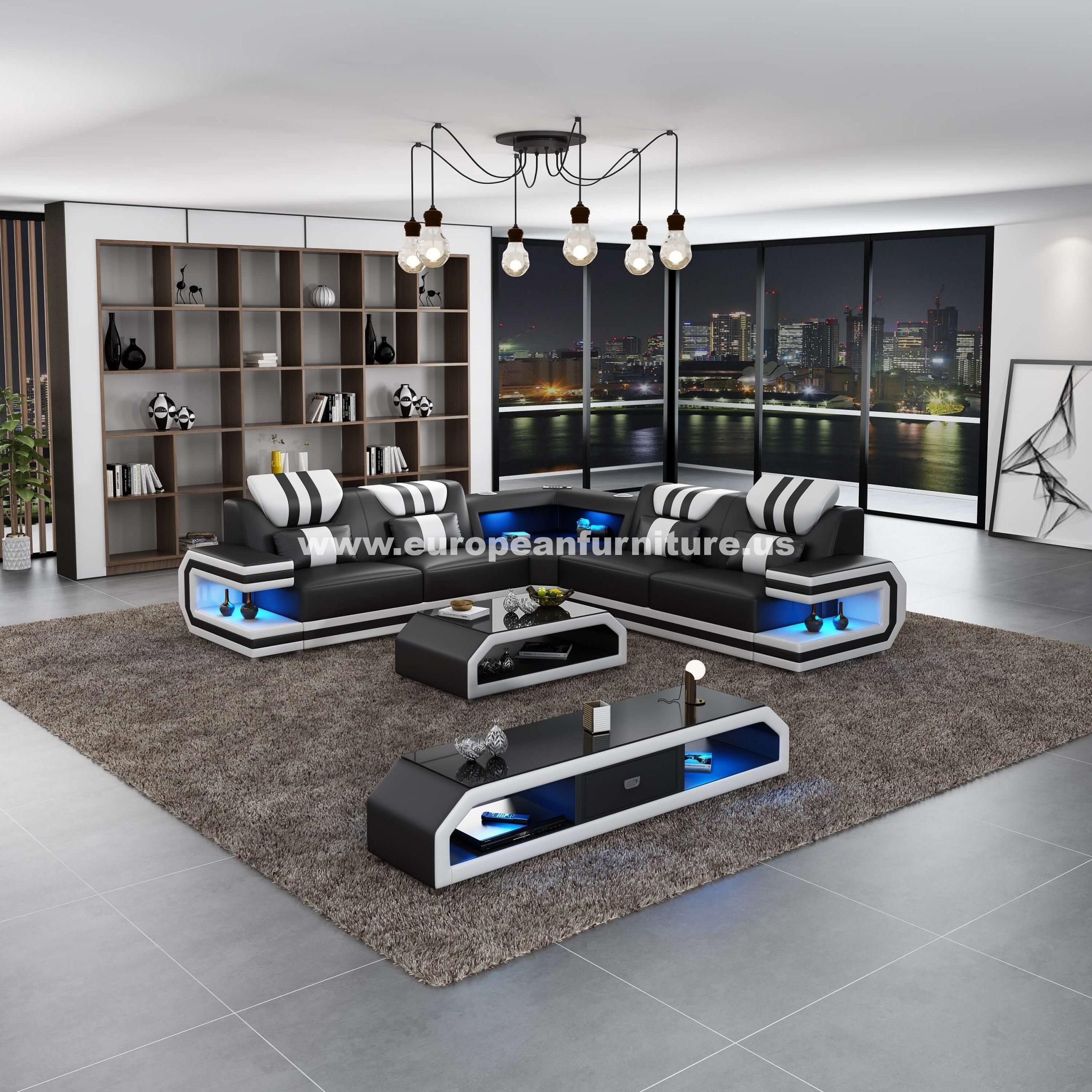 Contemporary, Modern Sectional Sofa LIGHTSABER LED-87770-BW in White, Black Italian Leather