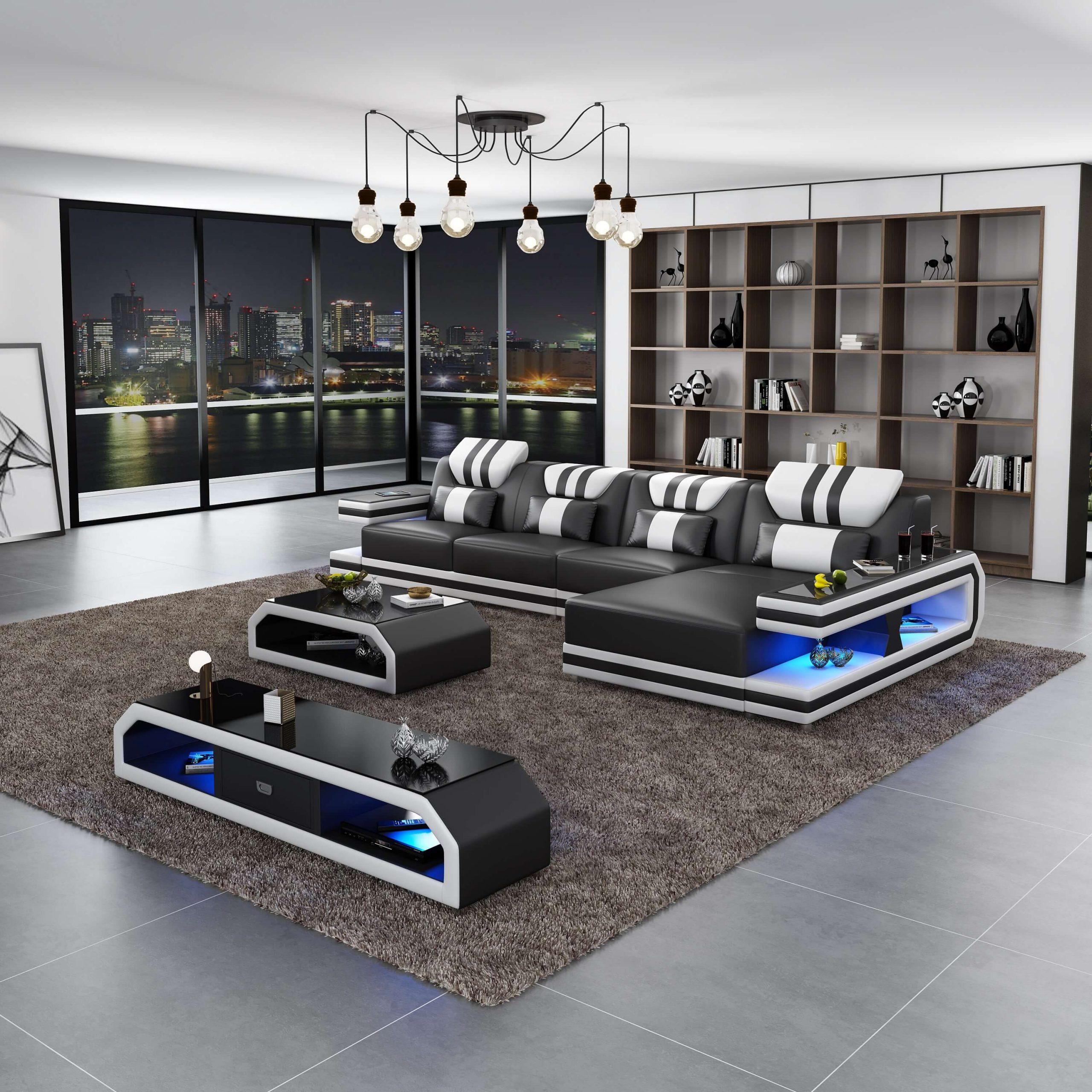Contemporary, Modern Sectional Sofa LIGHTSPEED LED-BW-88881-RHF in White, Black Italian Leather