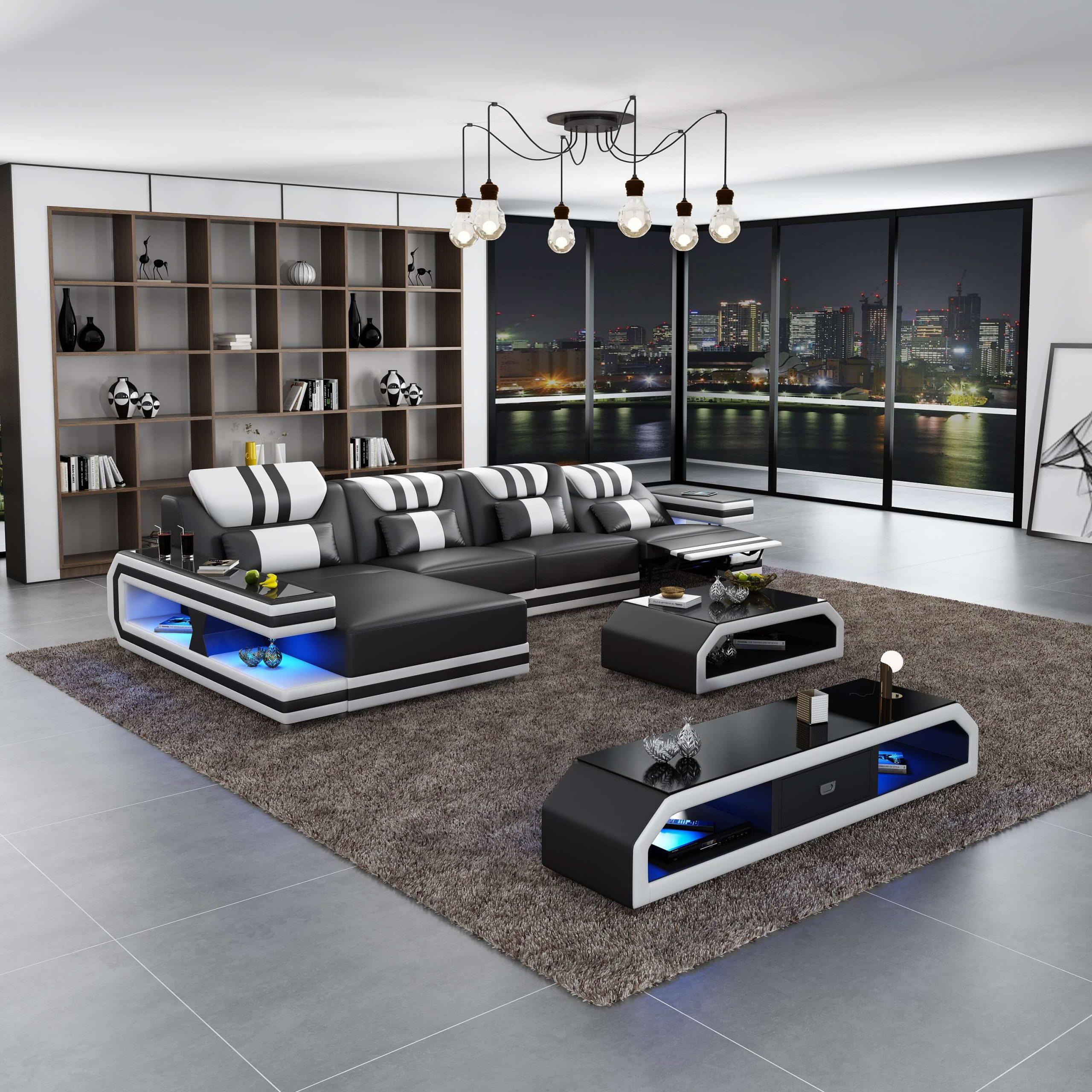 Contemporary, Modern 4 Seater Sectional Sofa LIGHTSPEED LED-BW-88880R-LHF in White, Black Italian Leather