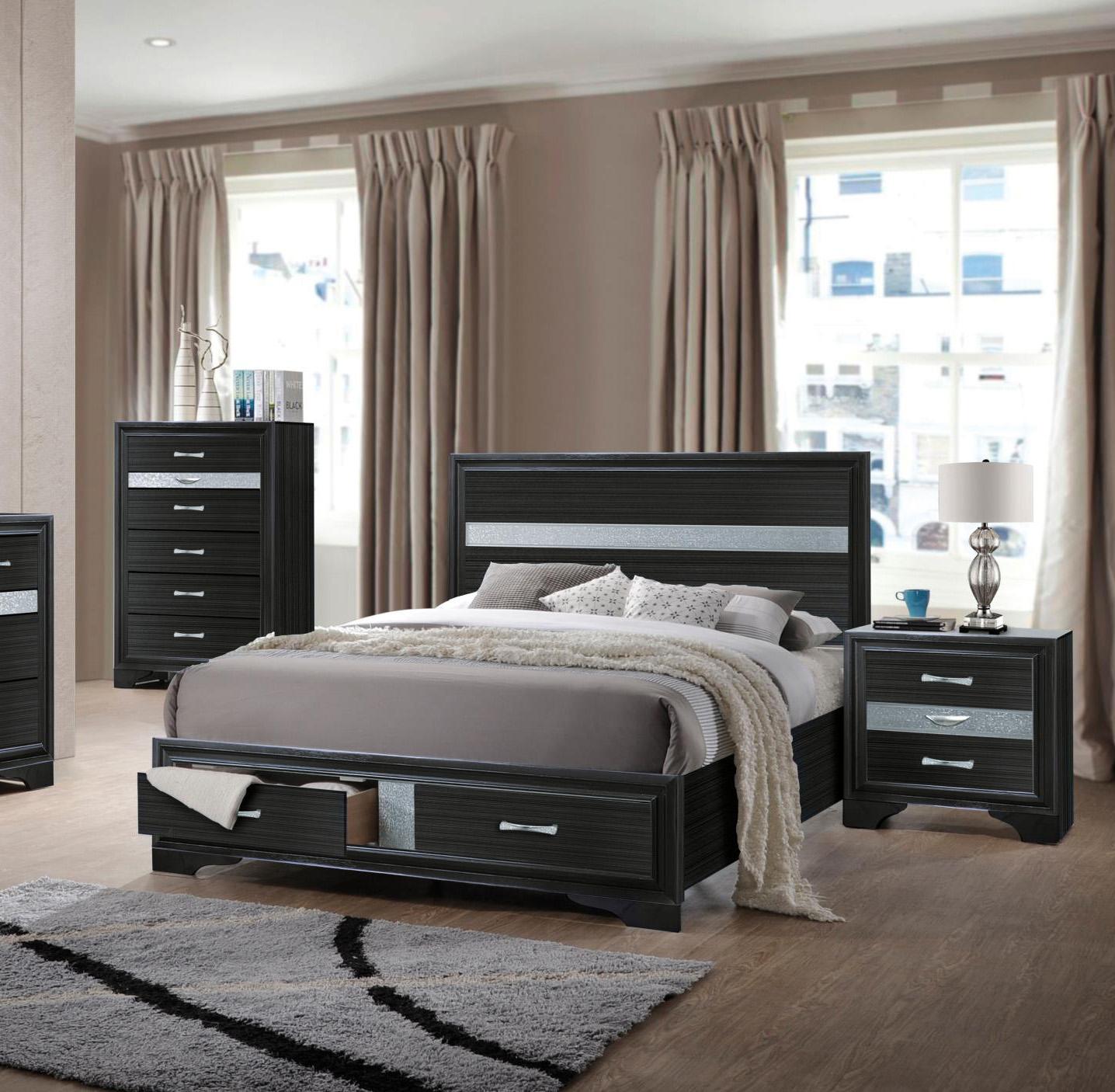 Contemporary, Modern Storage Bedroom Set Naima-25897EK 25897EK-Set-3 in Black Matte Lacquer