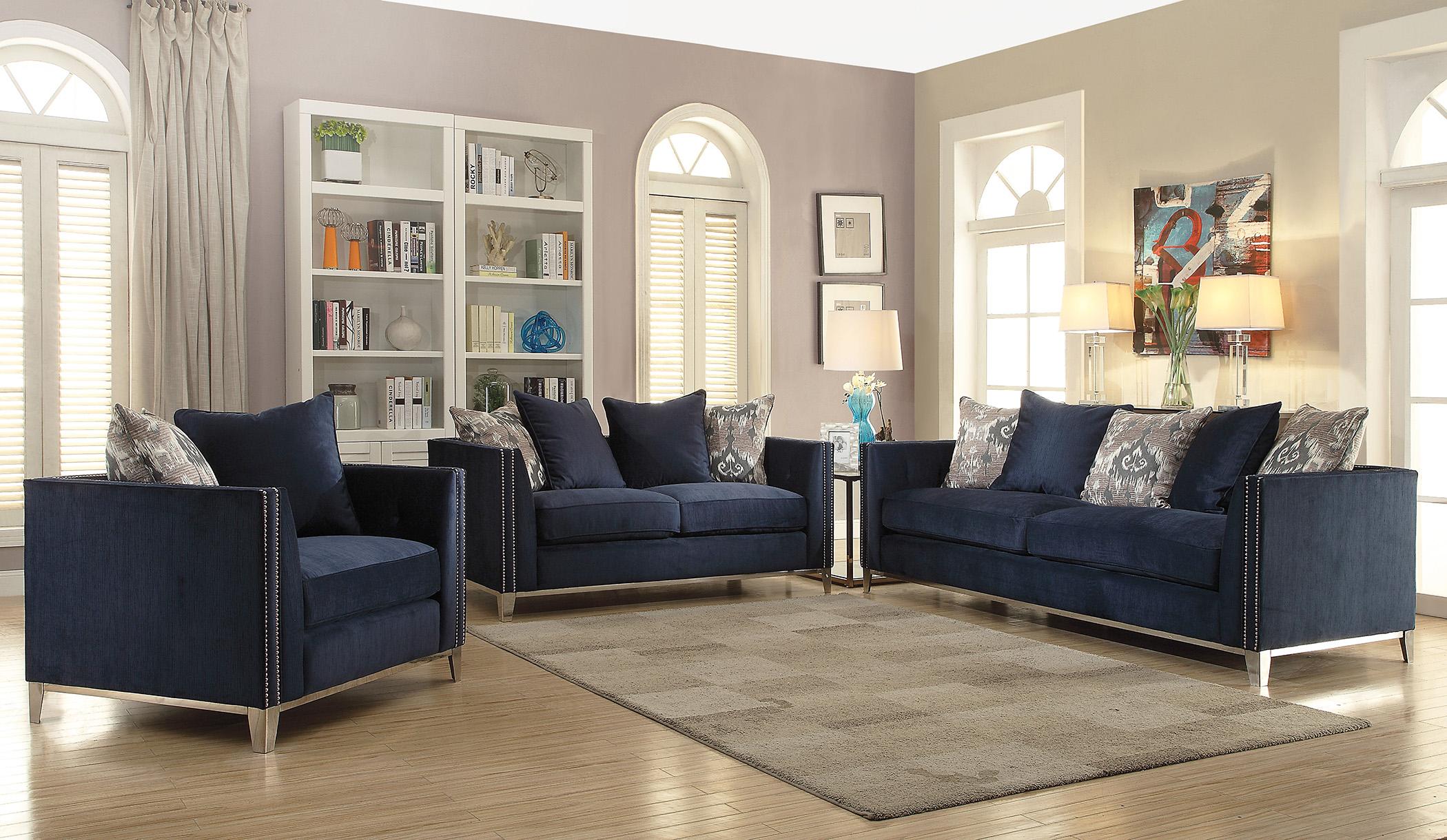 Classic, Traditional Sofa Loveseat and Chair Set Phaedra 52830 Phaedra-52830-Set-3 in Blue Fabric