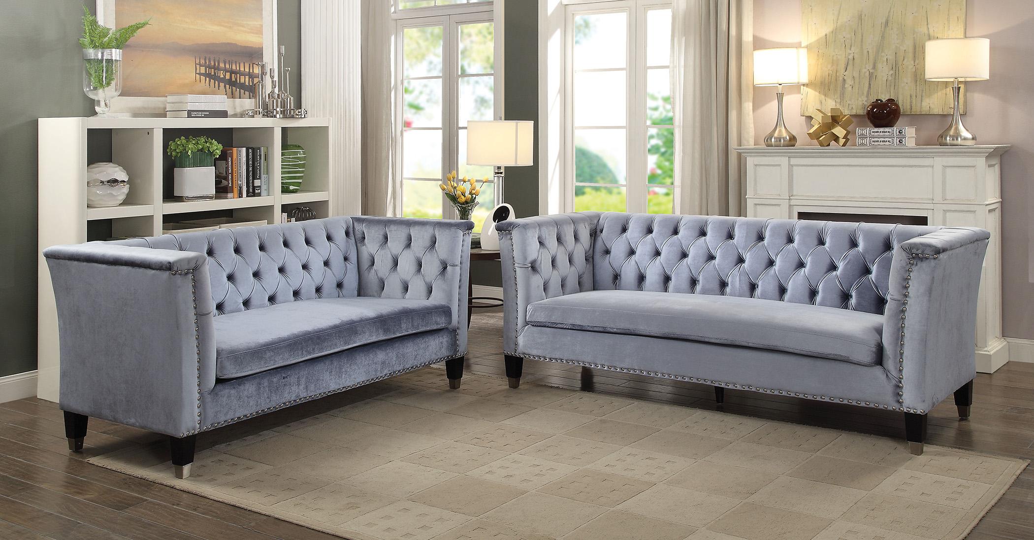 

    
Blue Grey Velvet Tufted Sofa Set 2 Pcs Vintage Traditional Acme 52785 Honor
