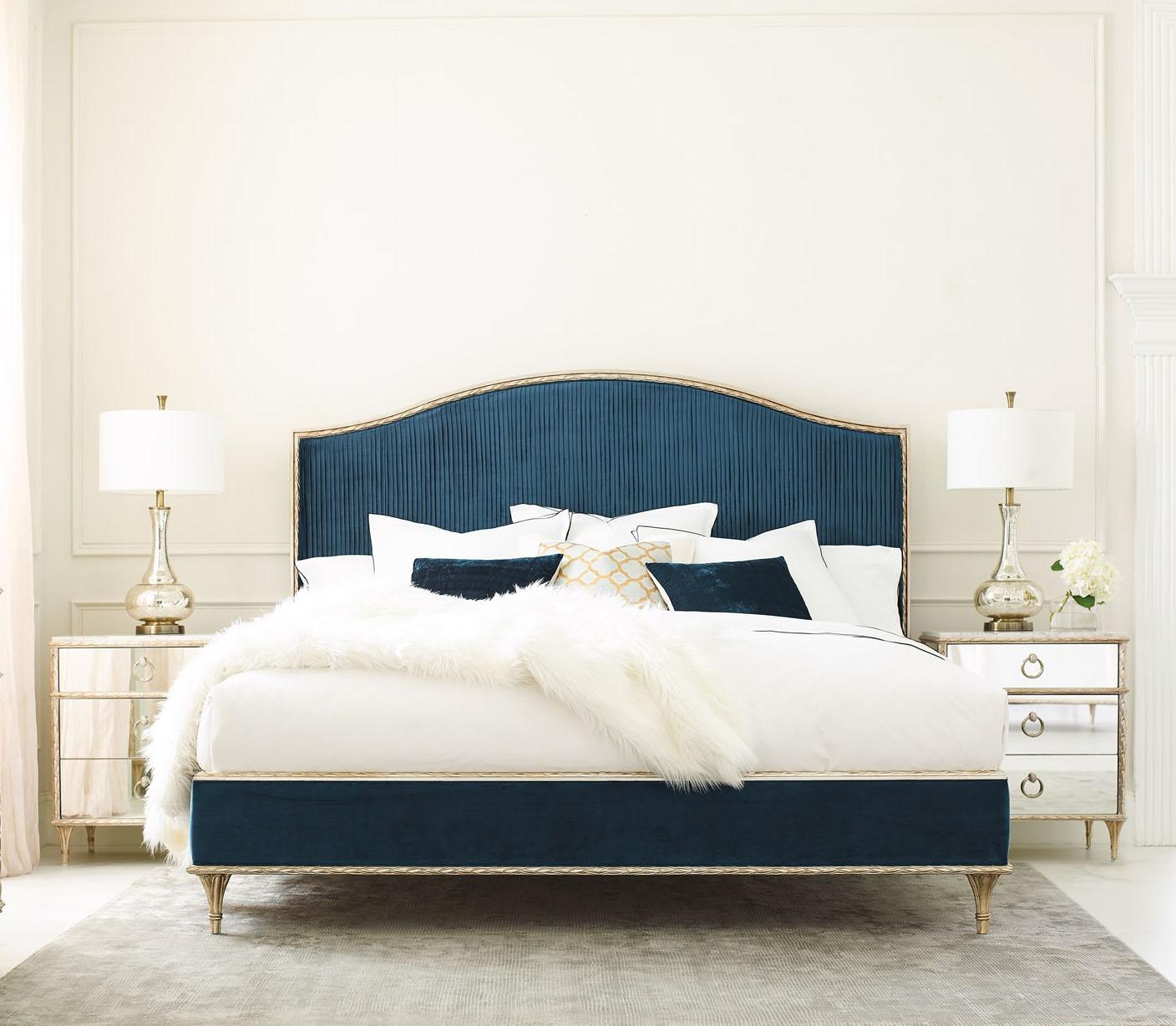 Traditional Platform Bedroom Set FONTAINEBLEAU C063-419-122-Set-3 in Gold, Blue Fabric