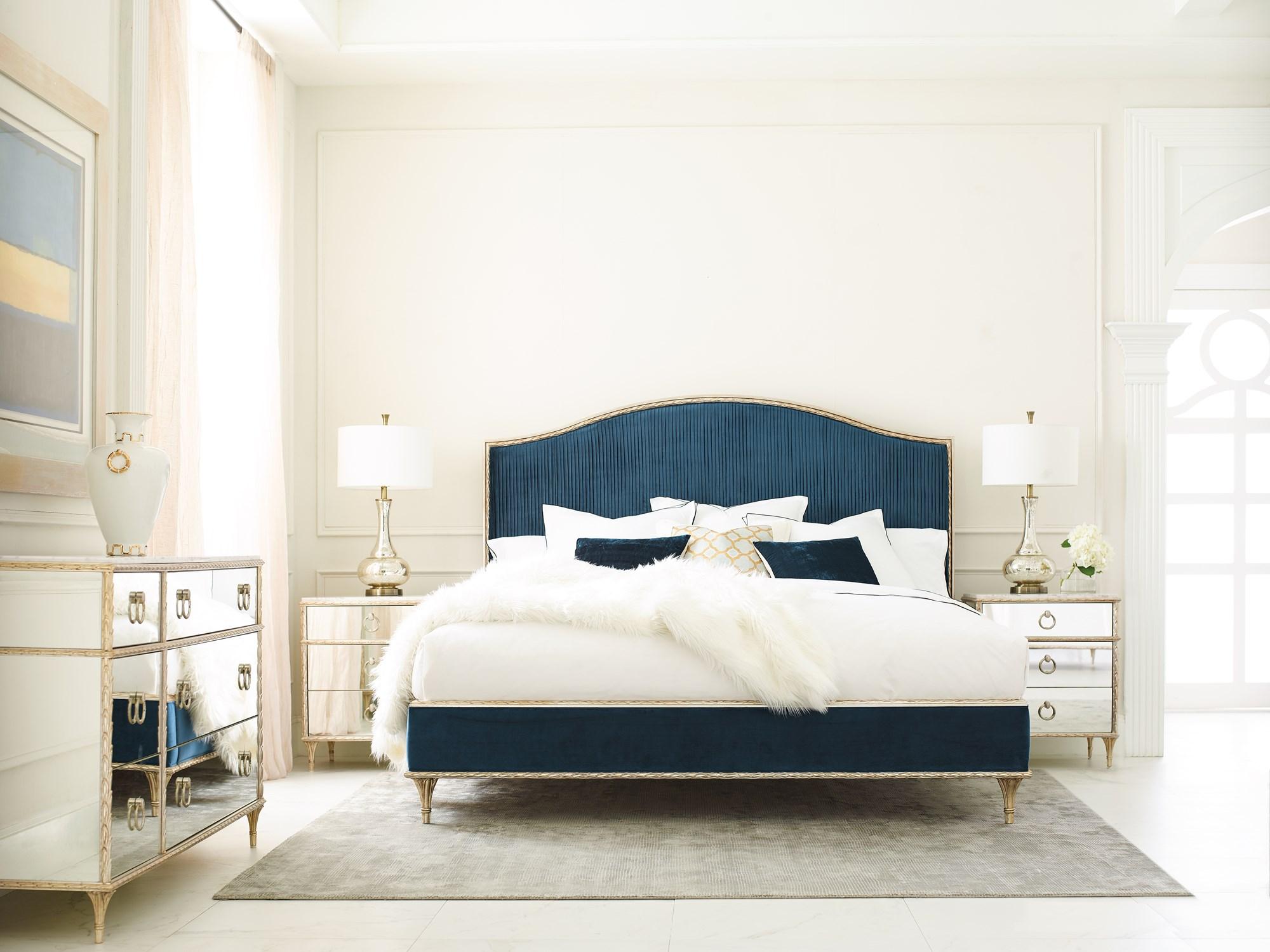 Traditional Platform Bedroom Set FONTAINEBLEAU C063-419-102-Set-4 in Gold, Blue Fabric