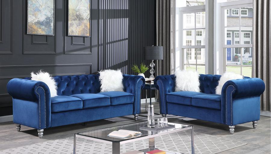 Contemporary Sofa and Loveseat Set SF3511 SF3511-2PC in Blue Velvet