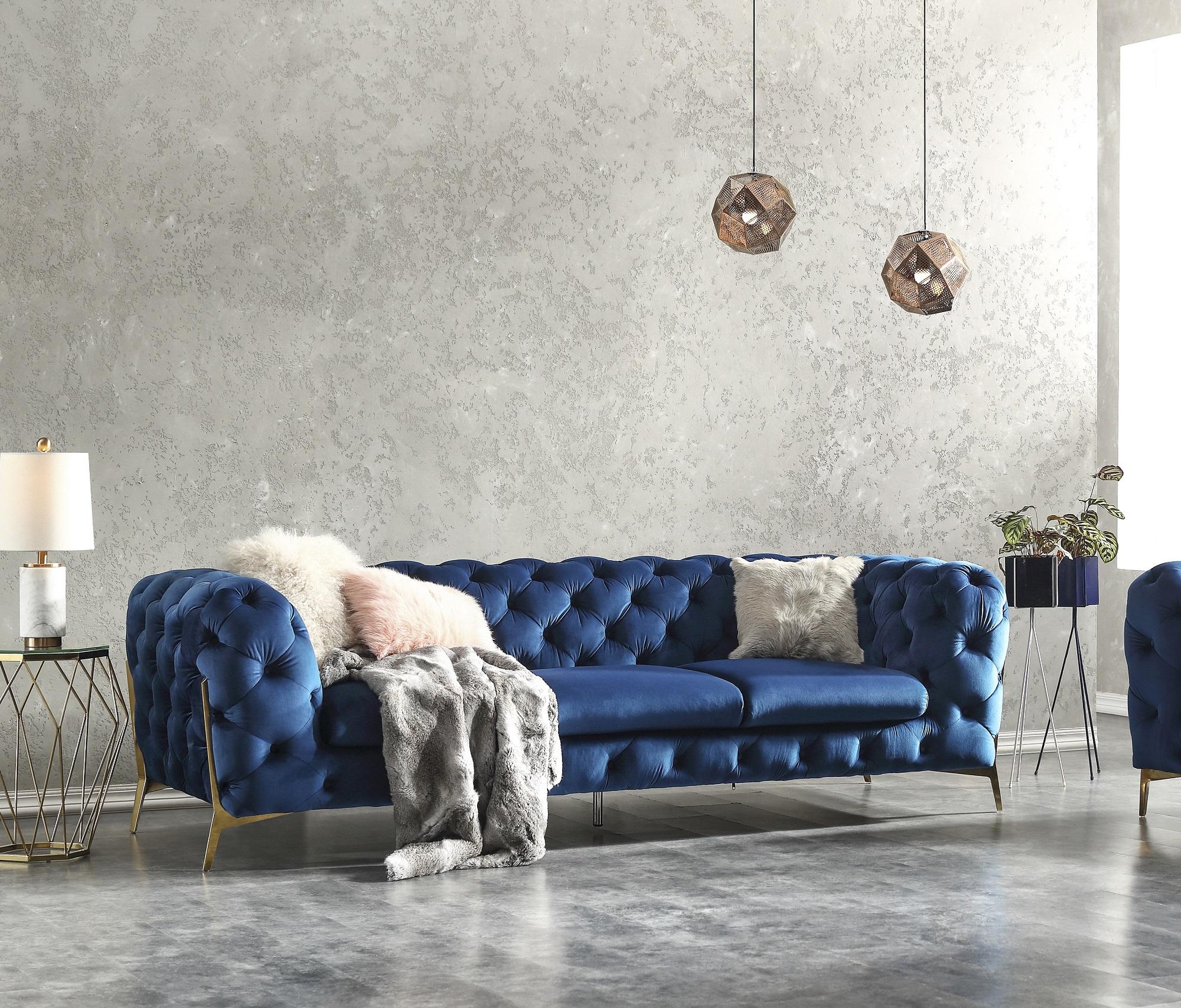 

    
Blue Velour Fabric & Gold Accents Chesterfield Sofa Modern J&M Glamour
