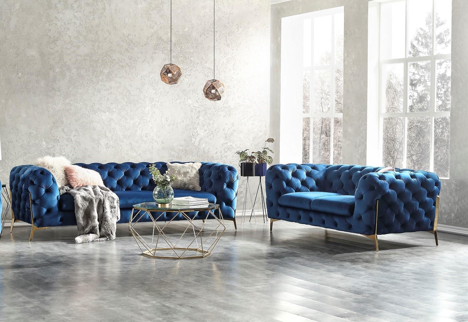 Modern Sofa and Loveseat Glamour SKU 17182-Set-2 in Blue Velour