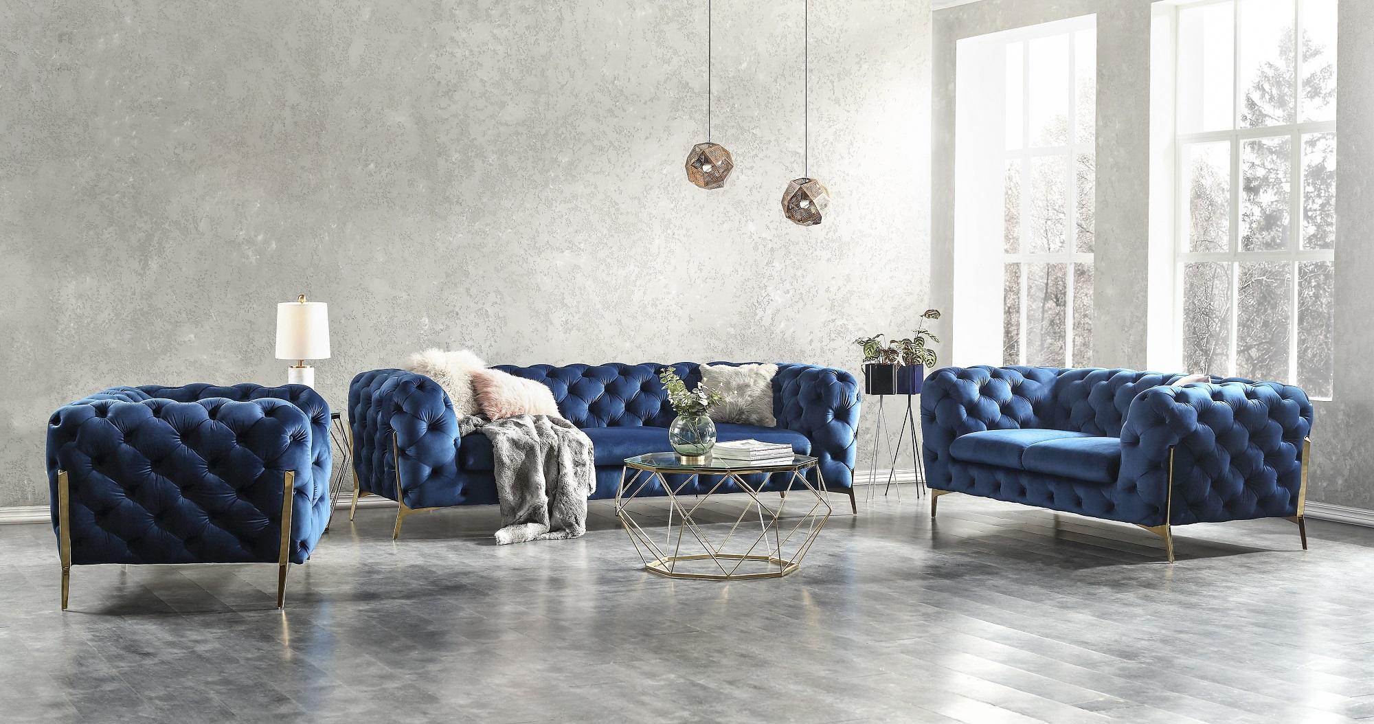 Modern Sofa Loveseat and Chair Glamour SKU 17182-Set-3 in Blue Velour