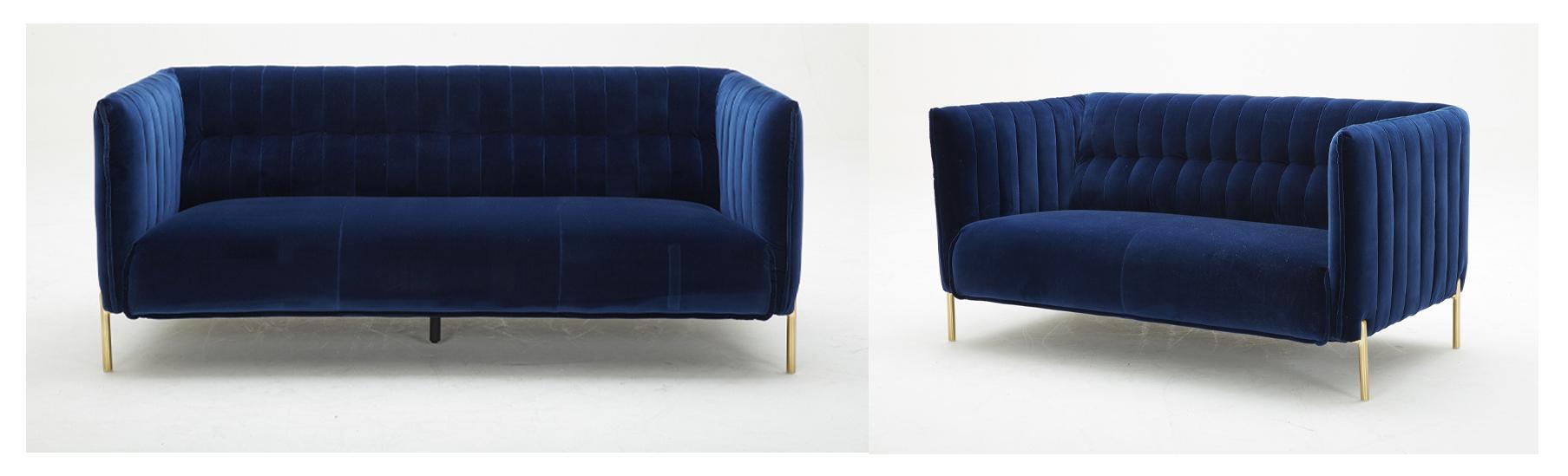 

    
Blue Velour Fabric & Gold Accents Sofa Set 2Pcs Contemporary J&M Deco
