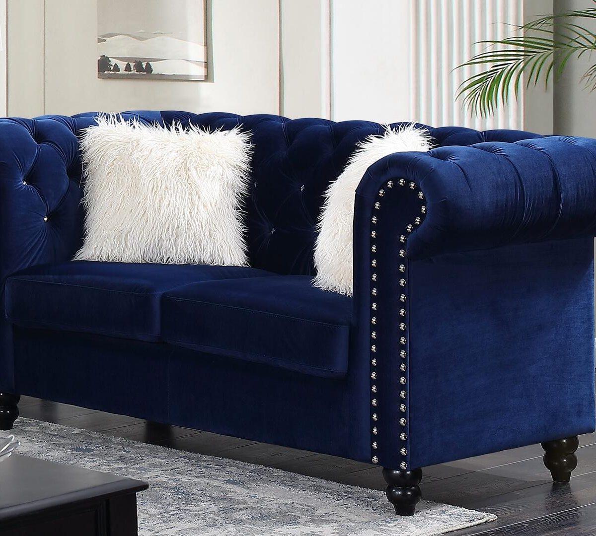 

    
Blue Velvet Button Tufting Sofa Transitional Cosmos Furniture Maya
