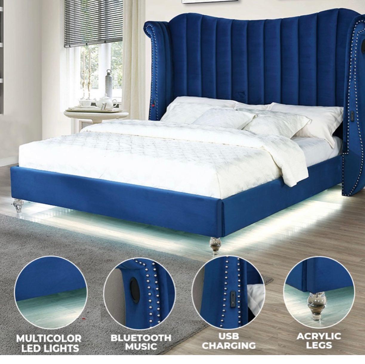

    
Blue Velvet Channel Tufted Queen Bed w/Led TULIP Galaxy Home Modern Contemporary
