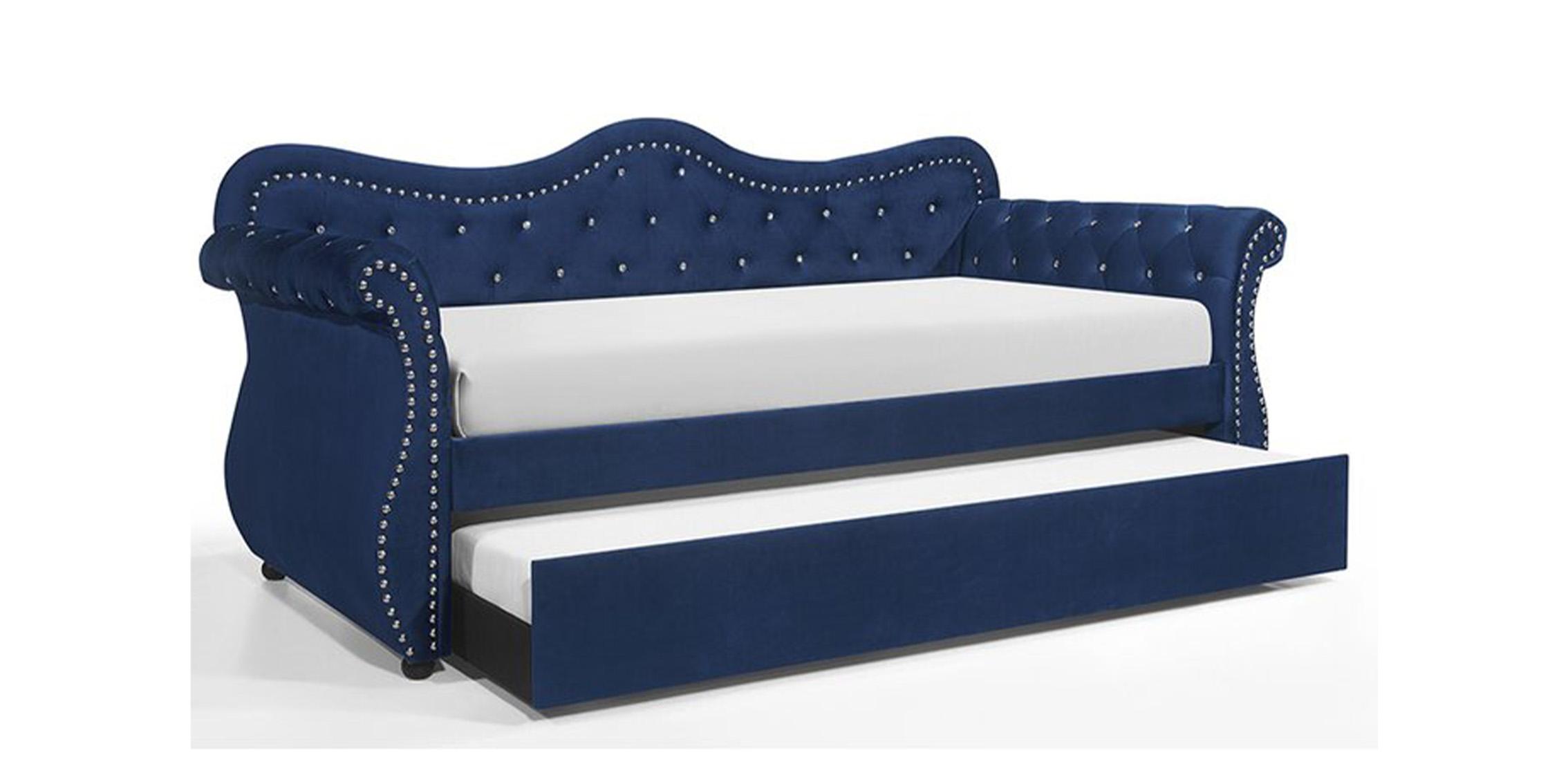 

    
Blue Velvet Crystal Tufted Day Bed Abby Galaxy Home Contemporary Modern

