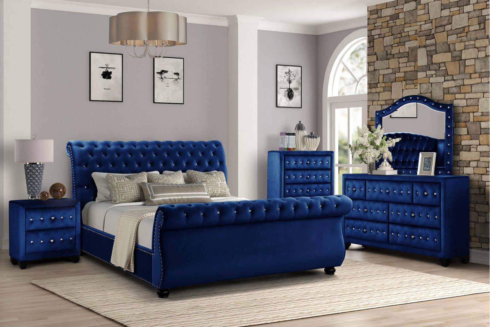 

    
Blue Velvet Crystal Tufted King Bed Set 4Pcs KENDALL Galaxy Home Contemporary
