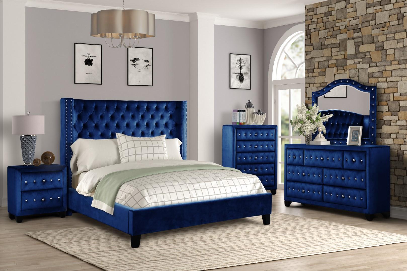

    
Blue Velvet Diamond Tufted Queen Bed Set 5 ALLEN Galaxy Home Contemporary Modern
