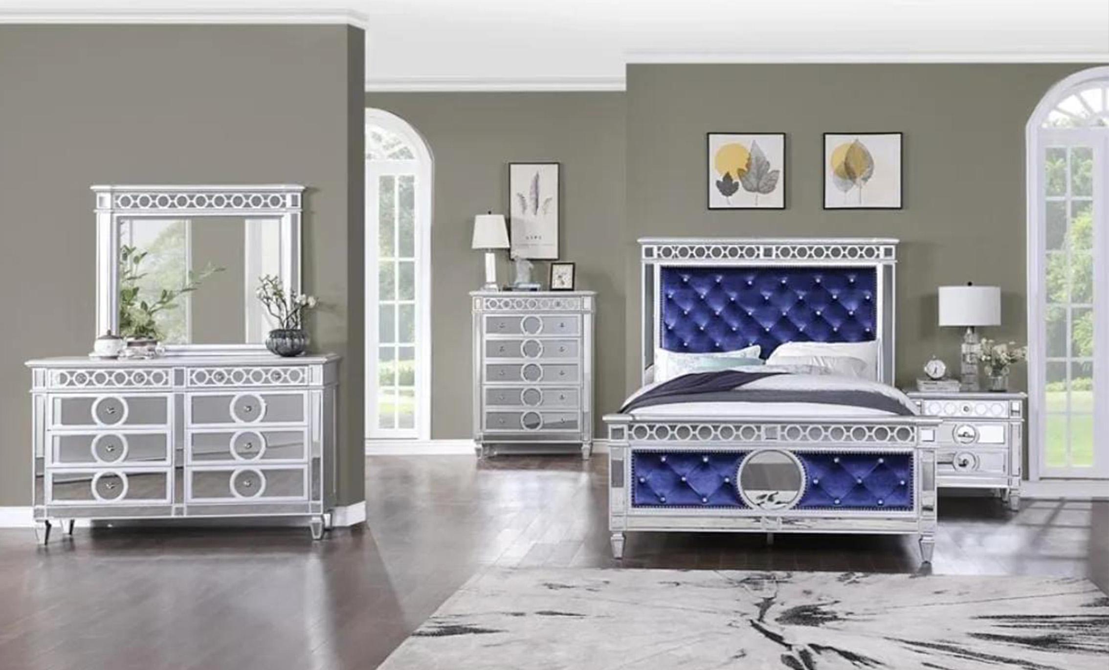 

                    
McFerran Furniture B1688 Panel Bedroom Set Silver/Blue Velvet Purchase 

