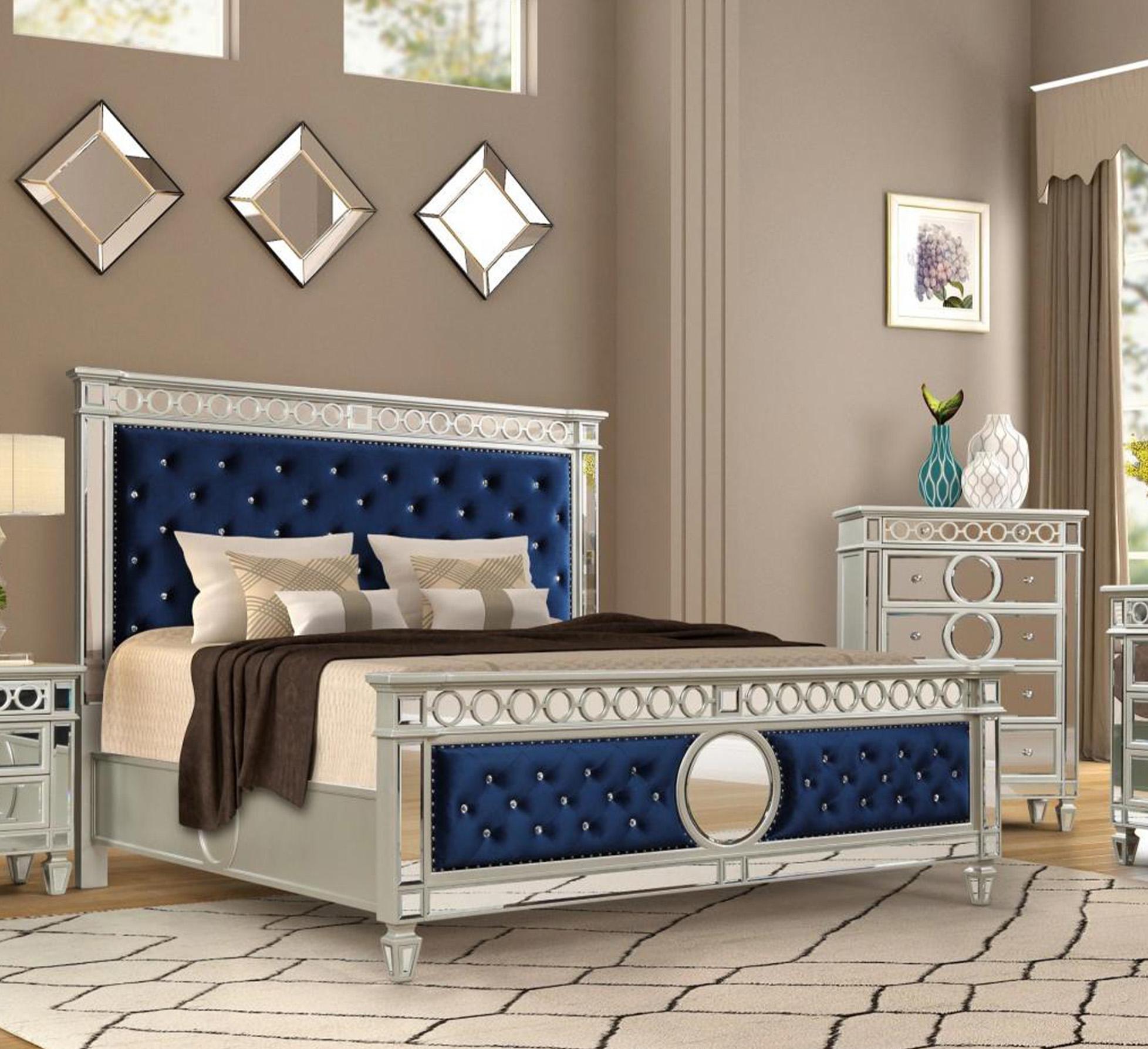 Contemporary, Modern Panel Bed B1688 B1688-Q in Silver, Blue Velvet