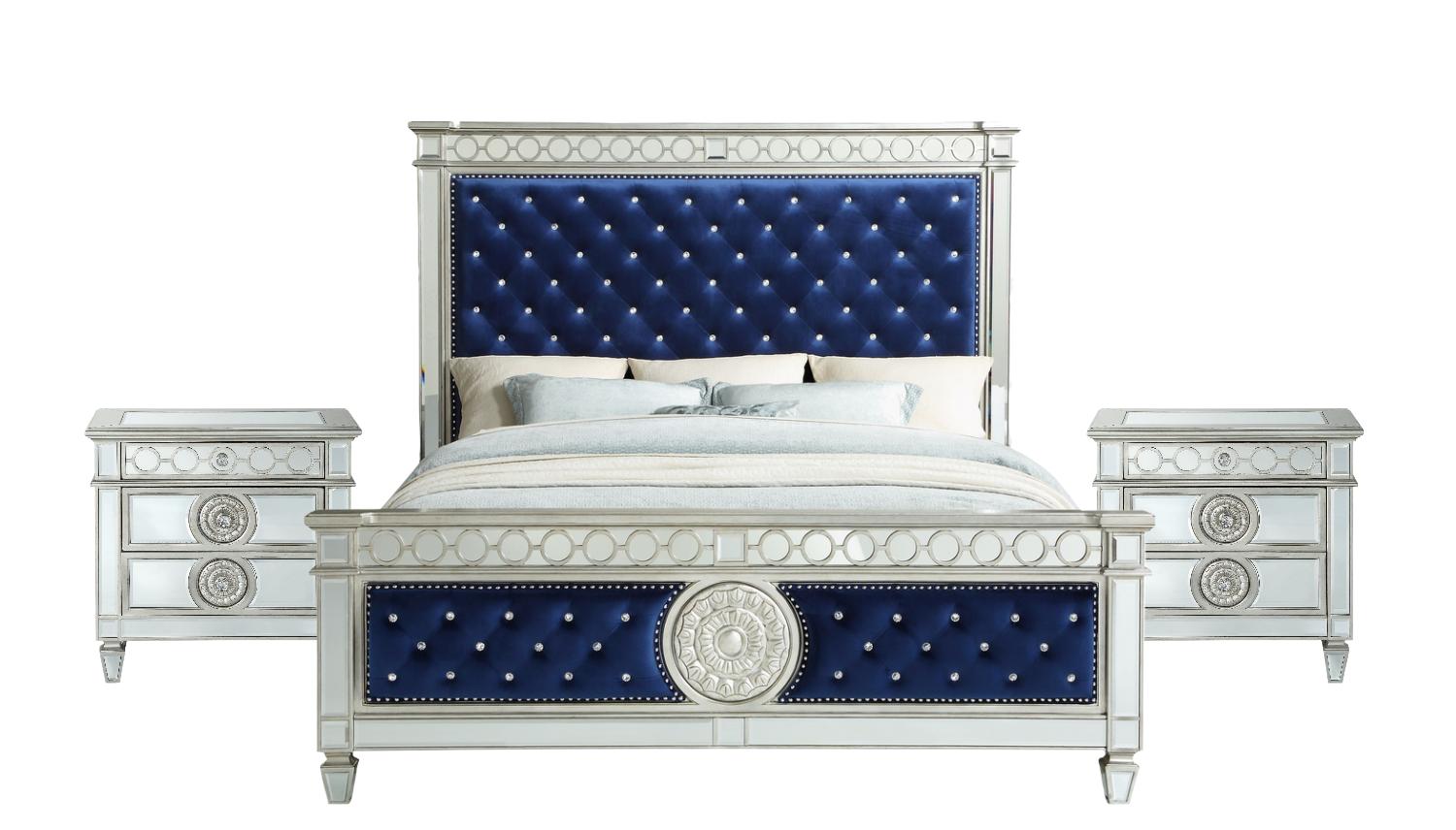 

    
Blue Velvet & Mirrored California Bed Bedroom Set by Acme Varian 26144CK-3pcs
