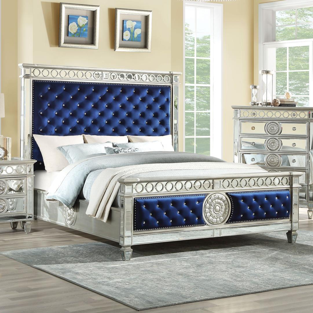 

    
Glam Queen Bed Blue Tufted Velvet & Mirrored Inlay Varian 26150Q Acme
